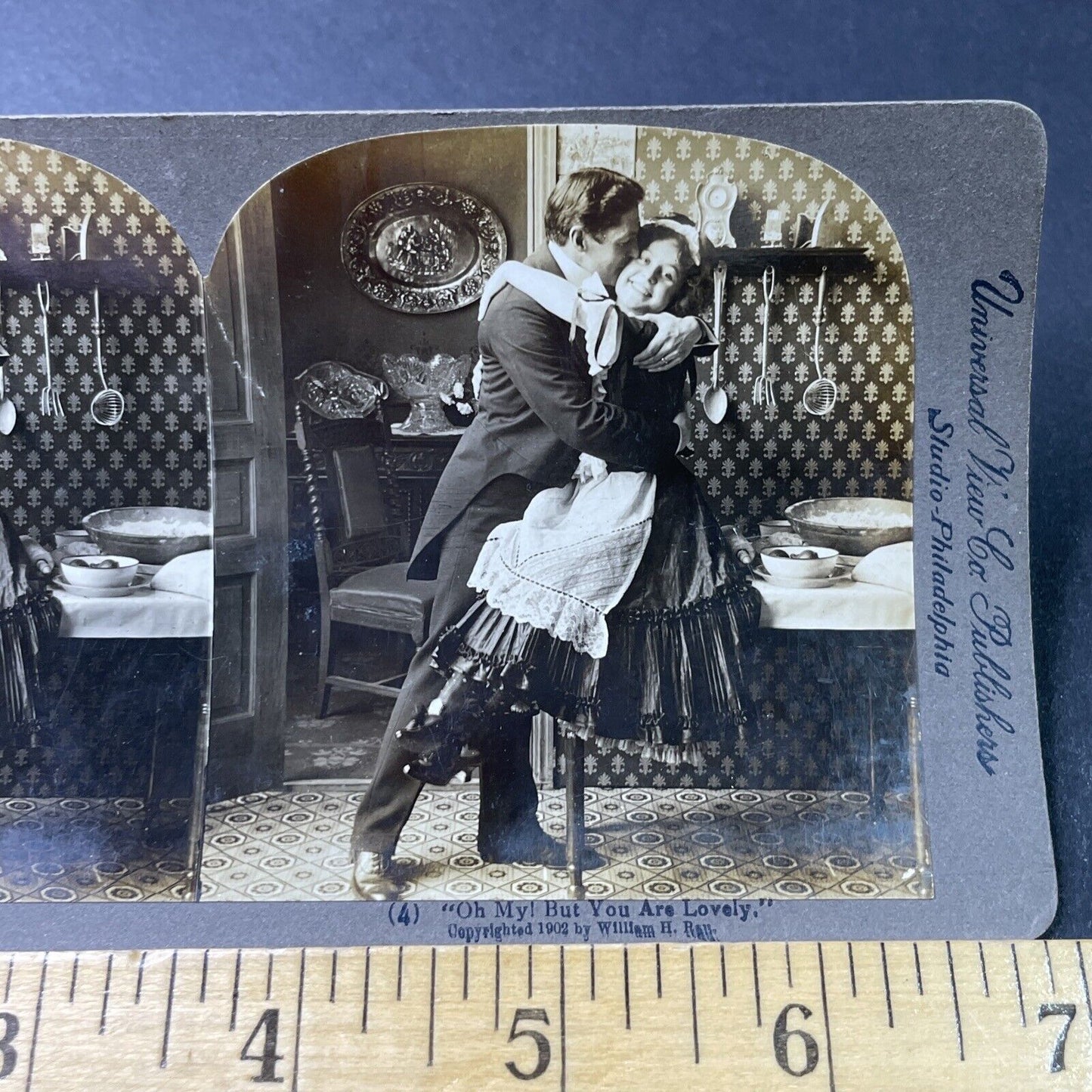 Antique 1902 Man Kisses His French Maid Servant Stereoview Photo Card P3017