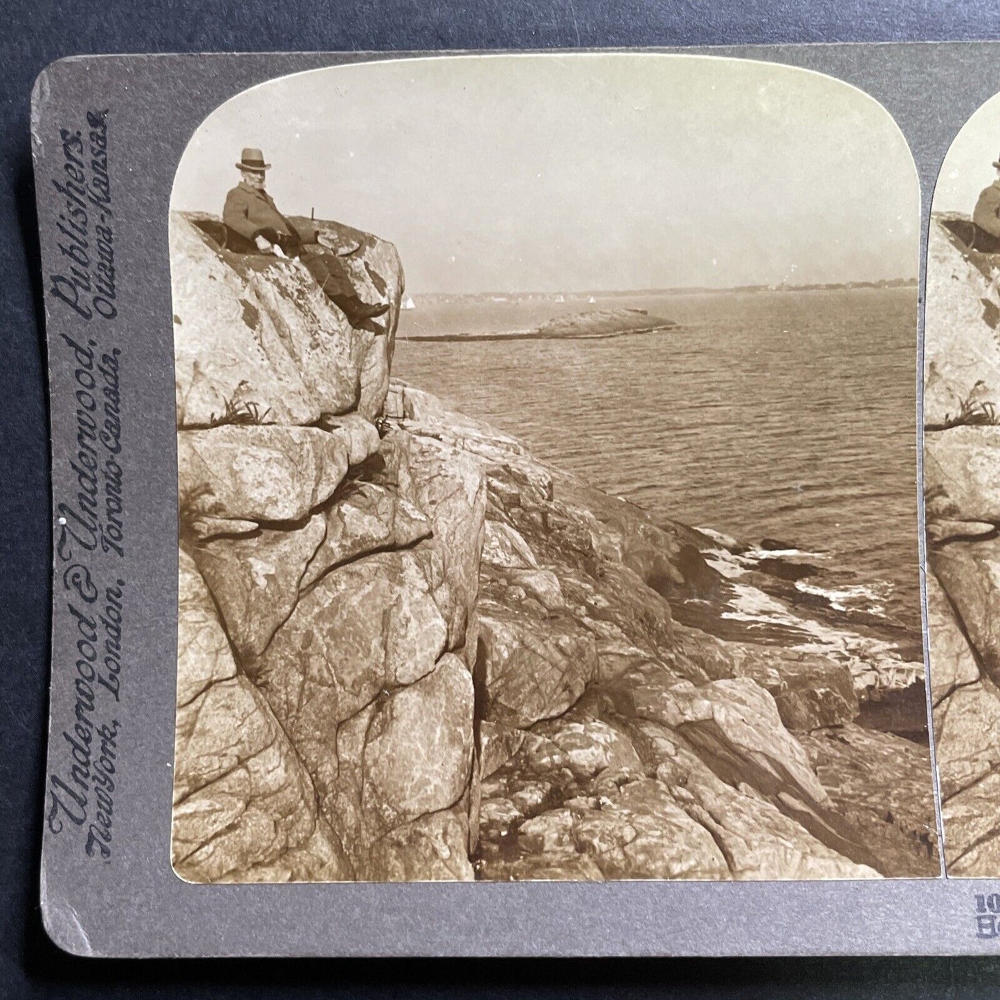 Antique 1902 Man Sits At Cliff Edge Cape Ann Mass. Stereoview Photo Card P1451