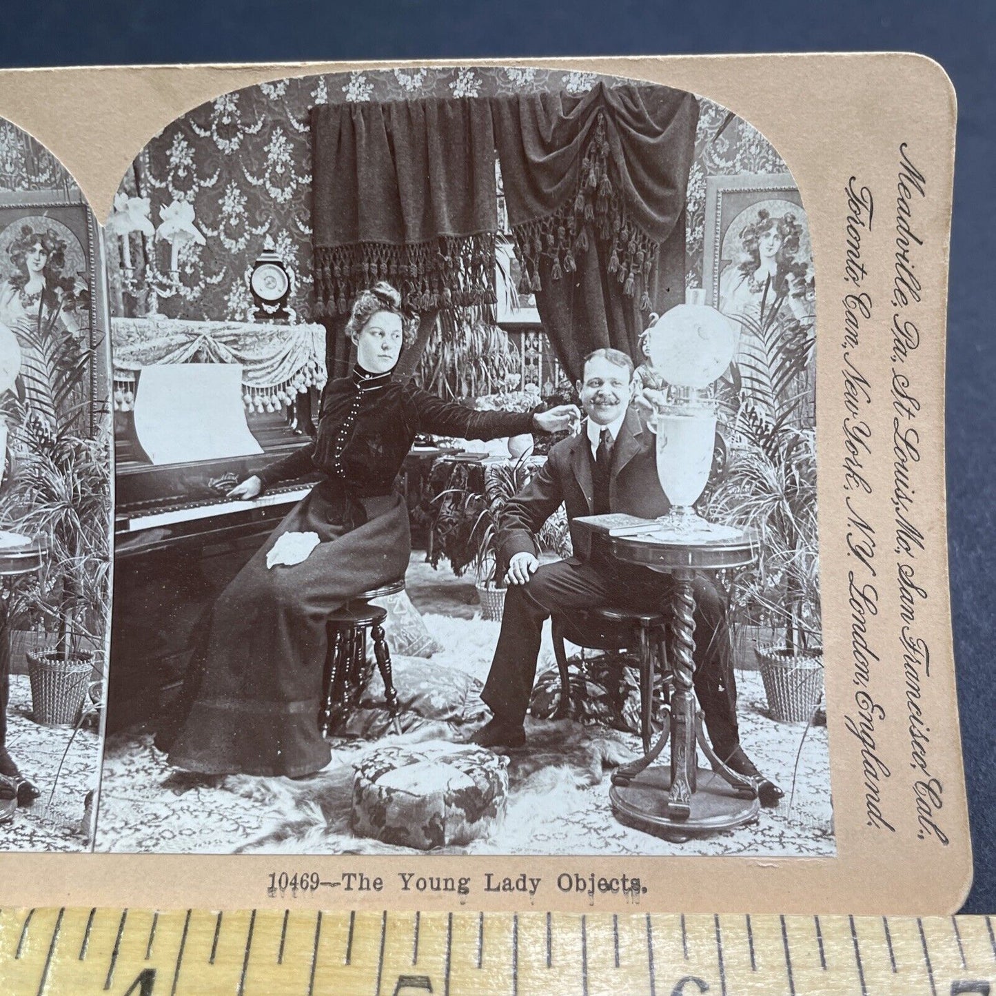 Antique 1901 Woman Despises Eccentric Table Vase Stereoview Photo Card P1919