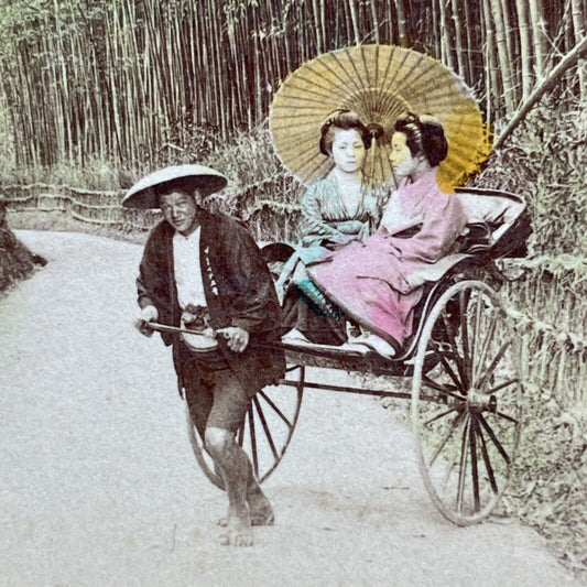 Antique 1896 Teenage Girls In A Rickshaw Kyoto Japan Stereoview Photo Card V516
