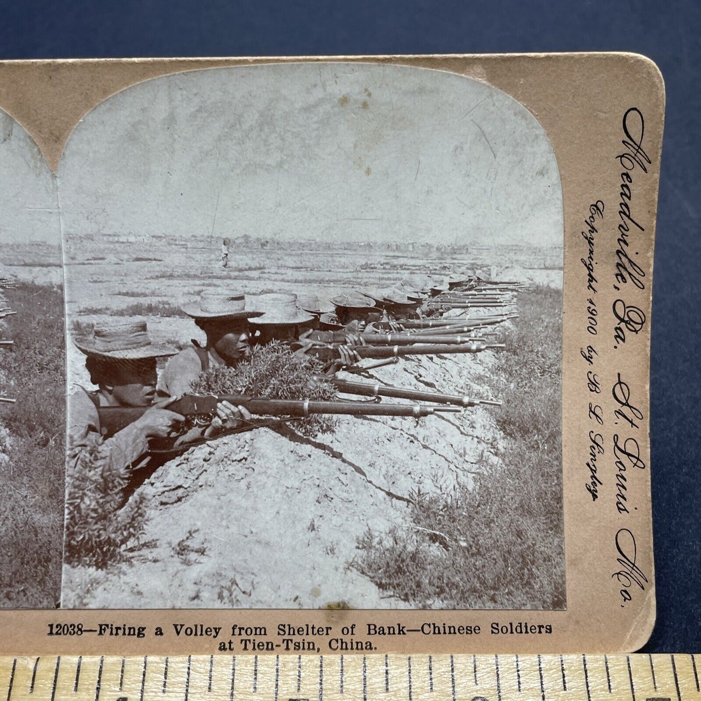 Antique 1900 Chinese Army Soldiers Firing Rifles Stereoview Photo Card P1820