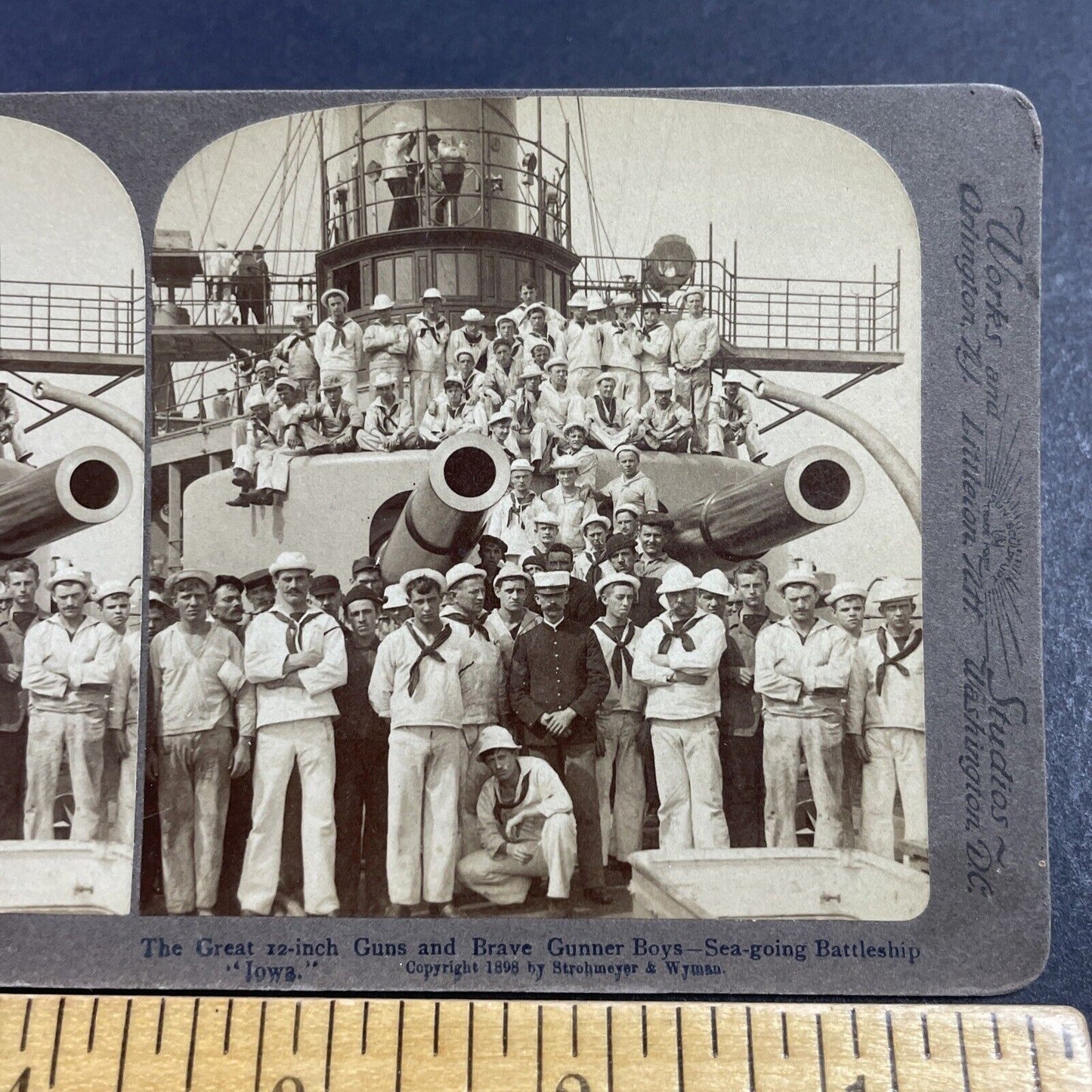 Antique 1898 Navy Sailors On USS Iowa Battleship Stereoview Photo Card P1980-14