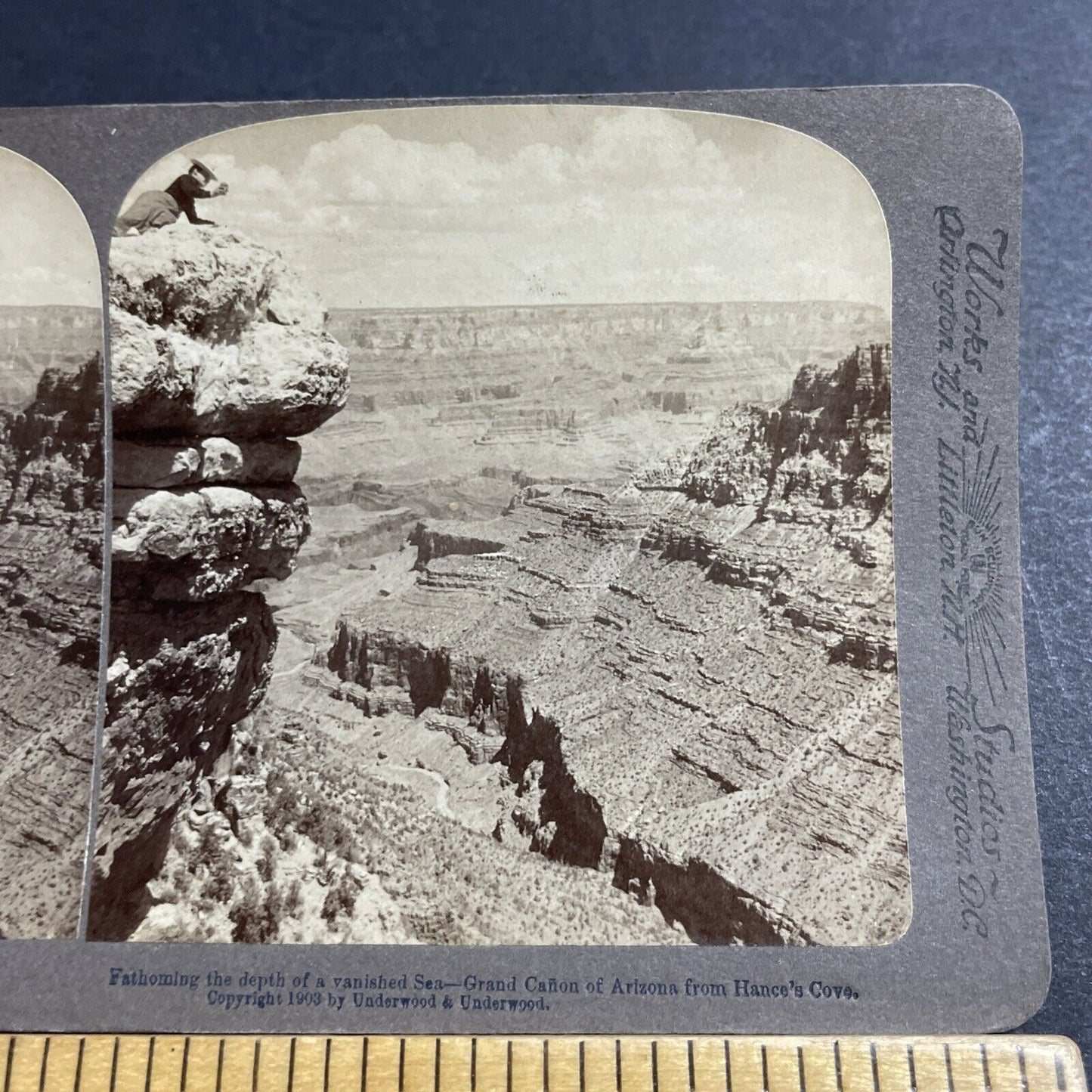 Antique 1903 Woman Throwing Rocks Into Grand Canyon Stereoview Photo Card P5050