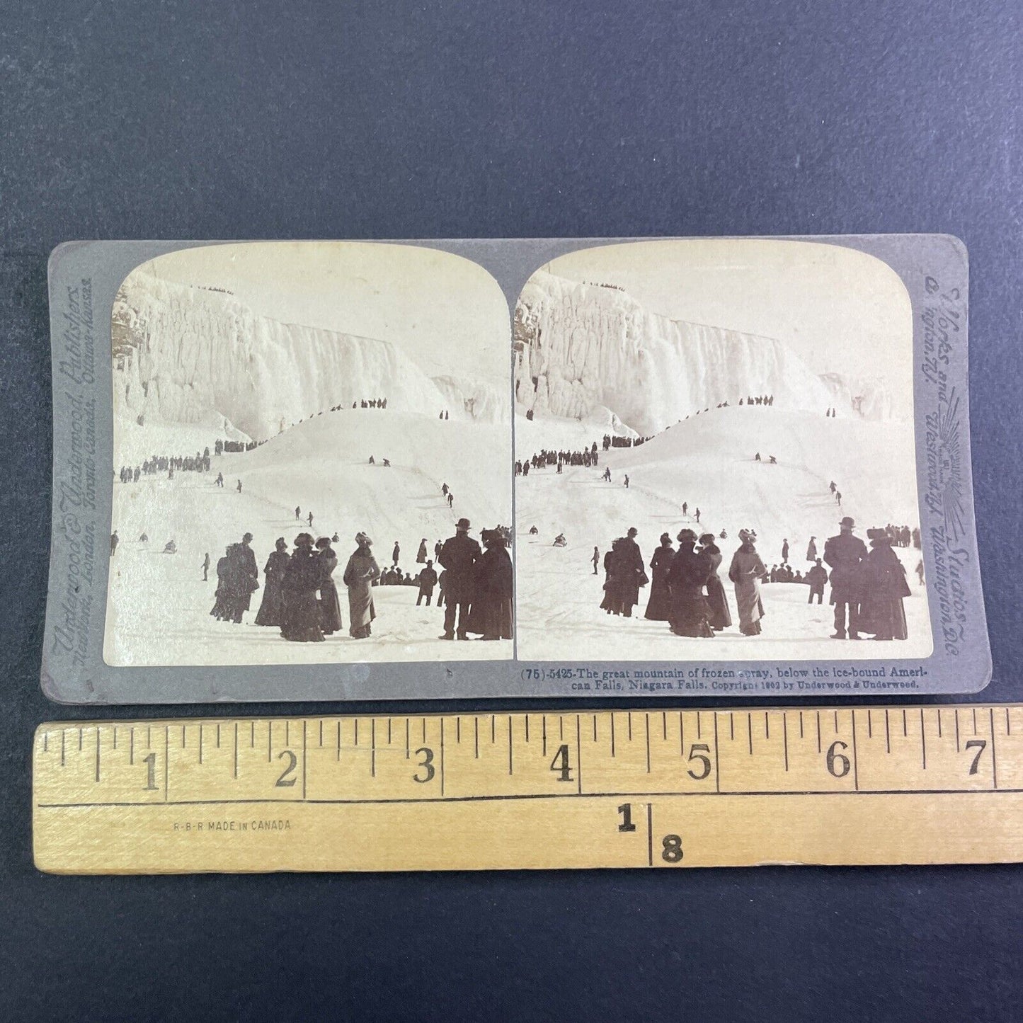 People Skiing and Sledding at Base of Niagara Falls Stereoview c1902 Y1253