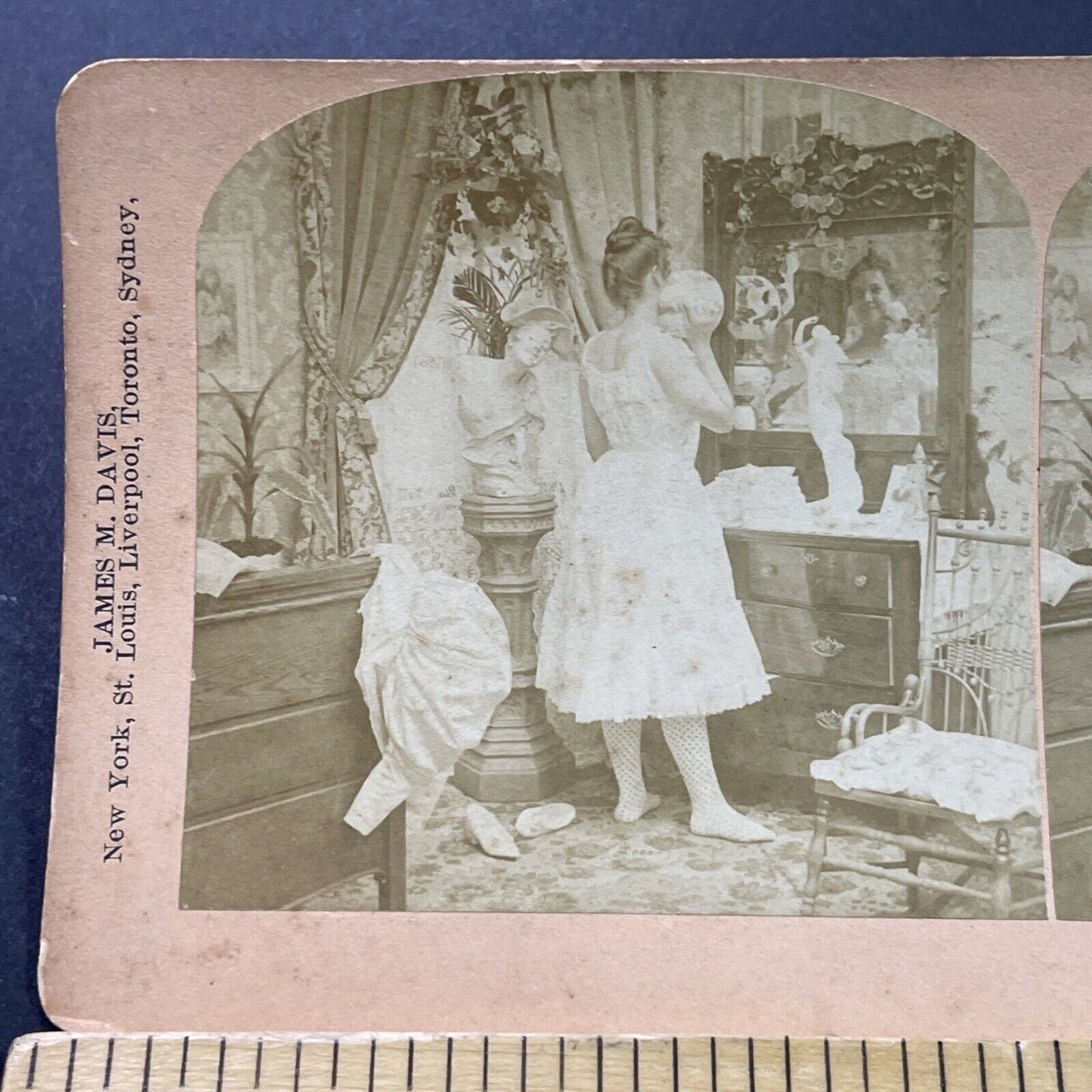 Antique 1897 Woman Getting Changed In Mirror Stereoview Photo Card P3958