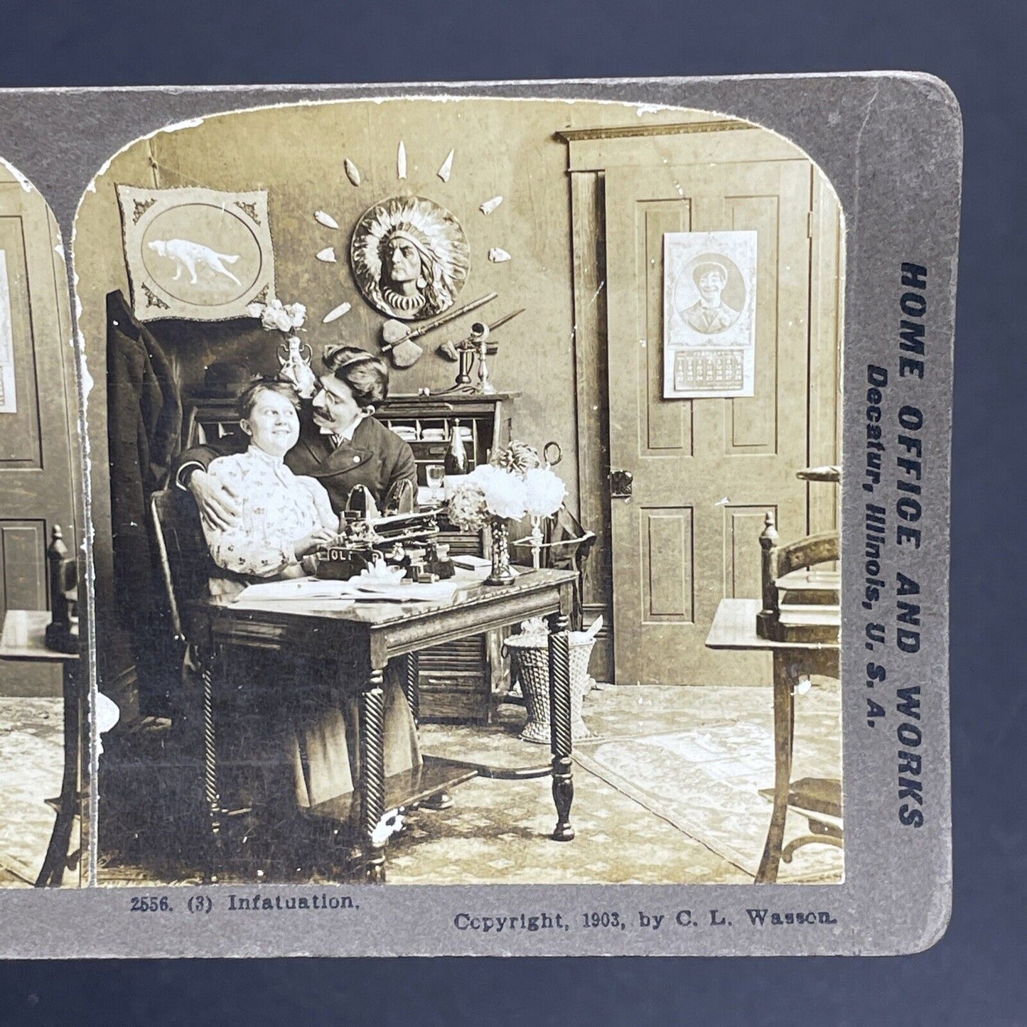 Antique 1903 Man Flirts With His Office Secretary Stereoview Photo Card P1805