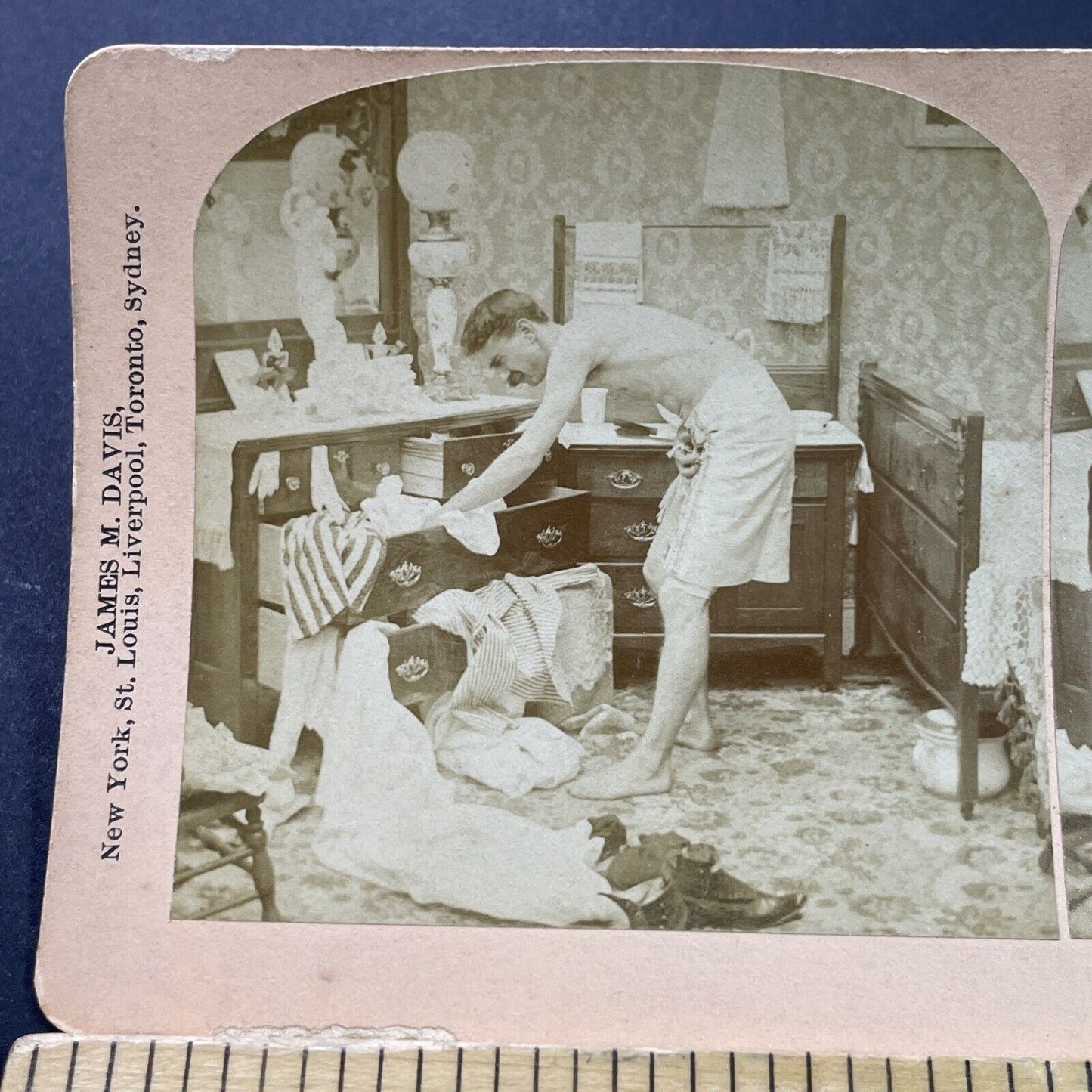 Antique 1897 Man Destroys Room Looking For Shirt Stereoview Photo Card P3957