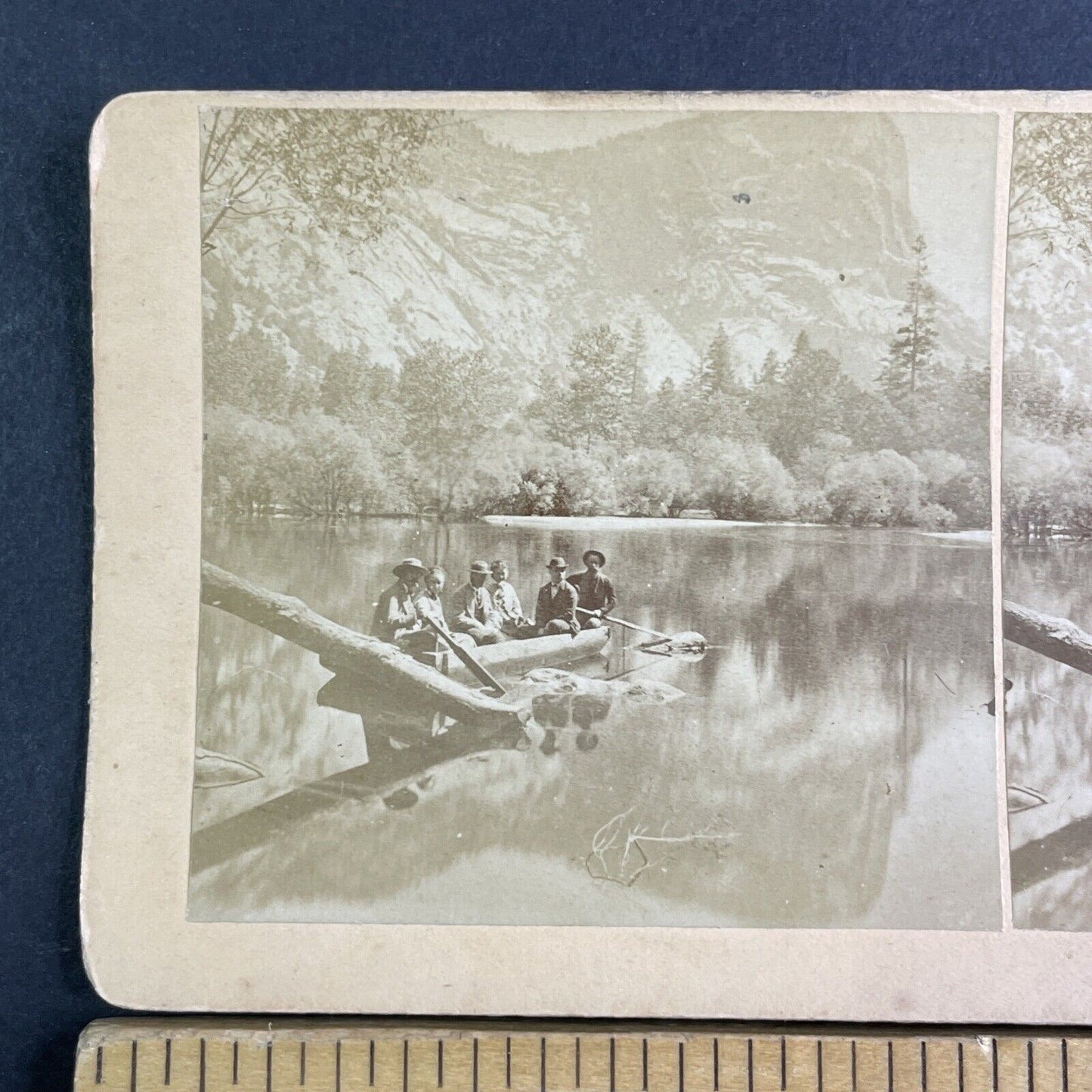 John P. Soule (Center) On Mirror Lake Yosemite Stereoview Antique c1870 X3875