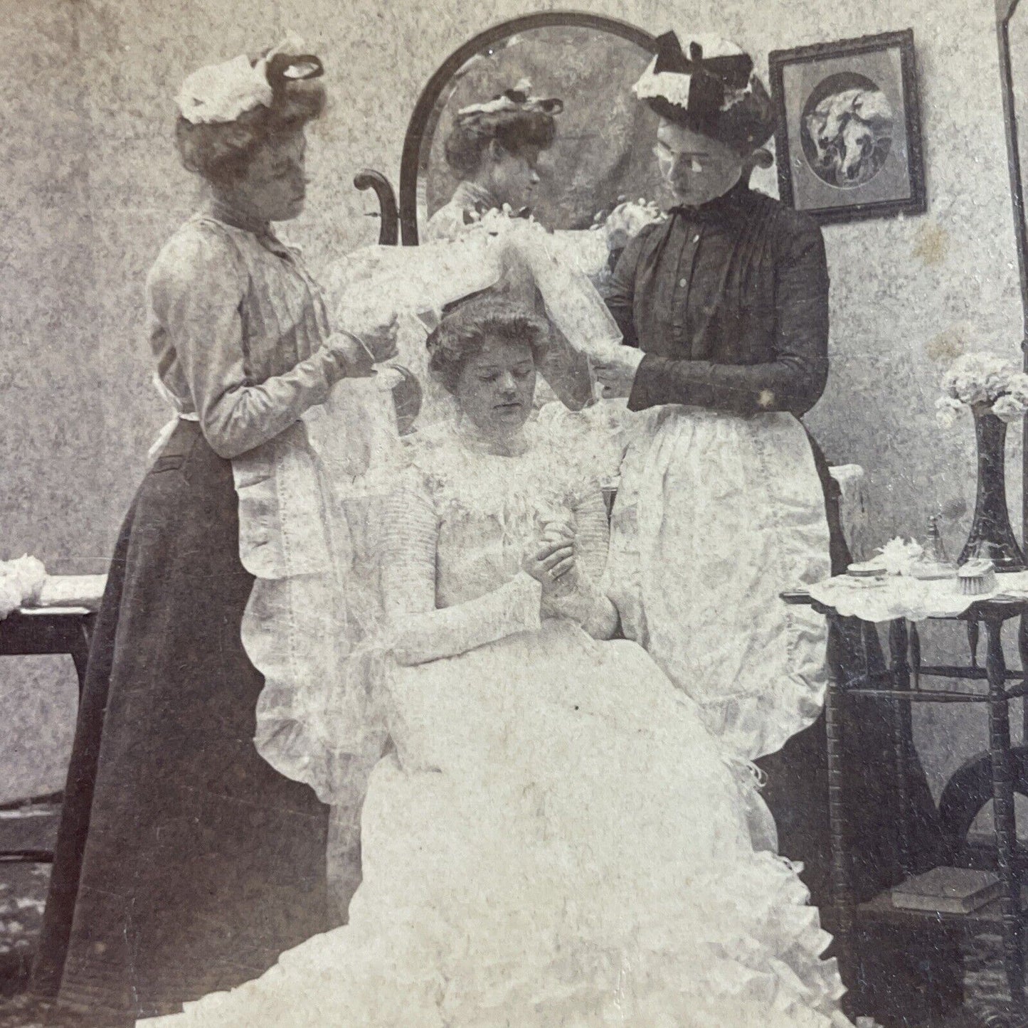 Antique 1900 Beautiful Maidens Dress The Bride Stereoview Photo Card P3437