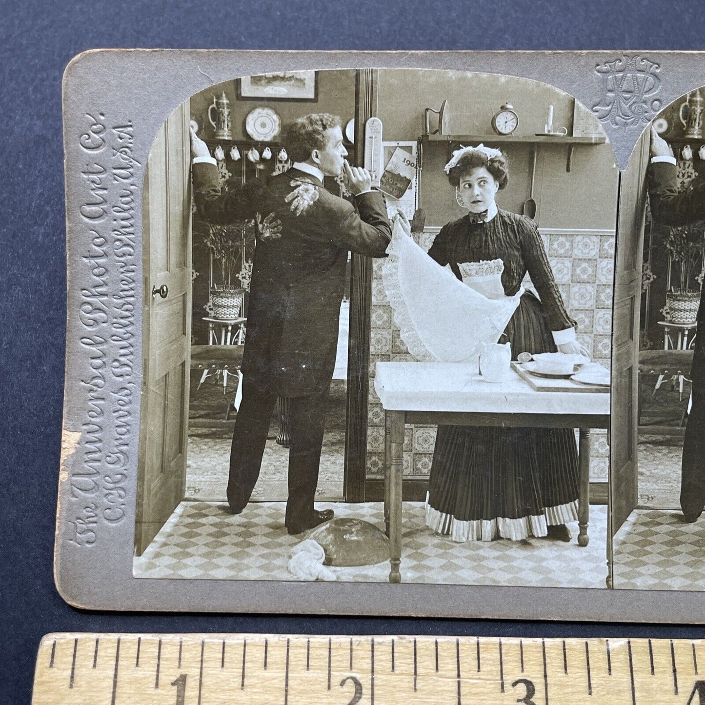 Antique 1901 Husband Hides Affair With Maid From Wife Stereoview Photo Card 2577