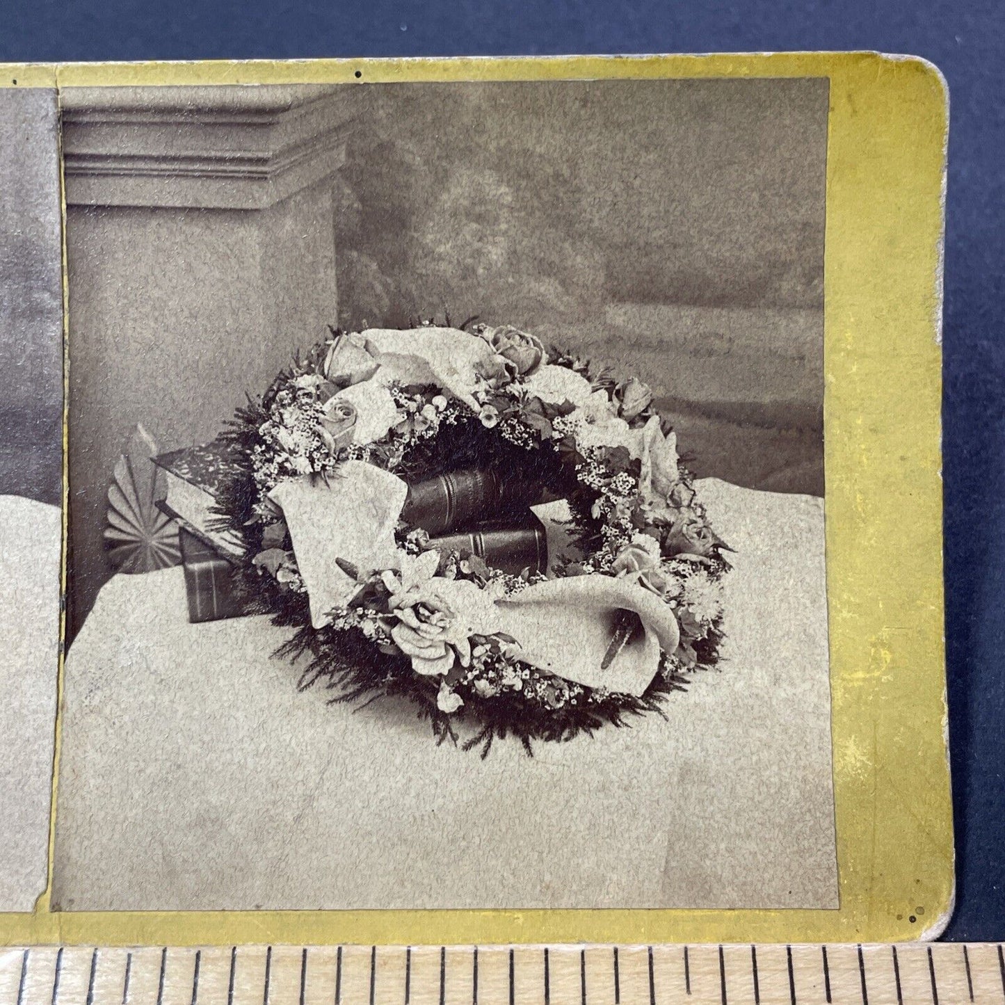 Antique 1870s Funeral Wreath For Judge Chardon Ohio Stereoview Photo Card V3339