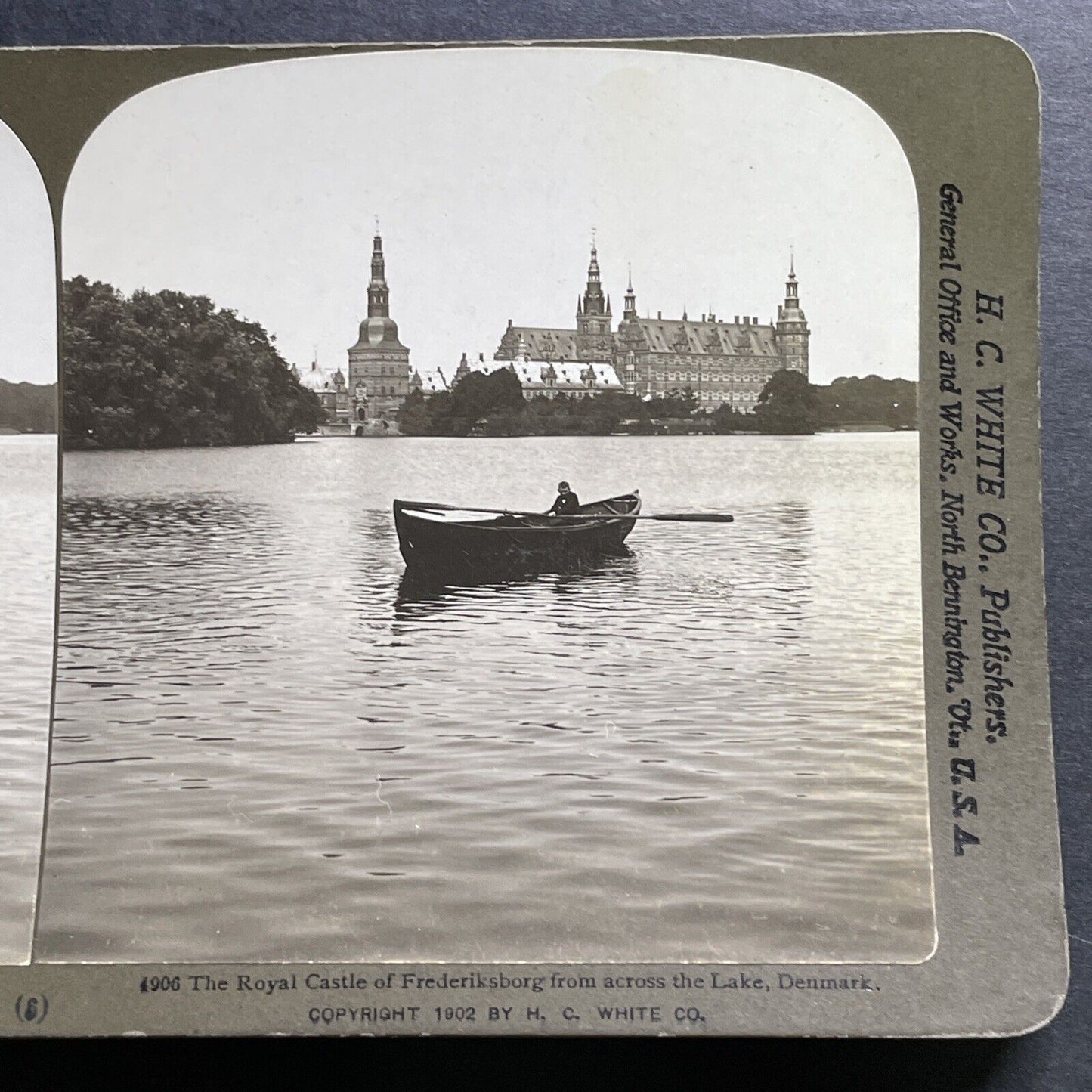 Antique 1902 Boy In Rowboat Lake Slotssoen Denmark Stereoview Photo Card P1306