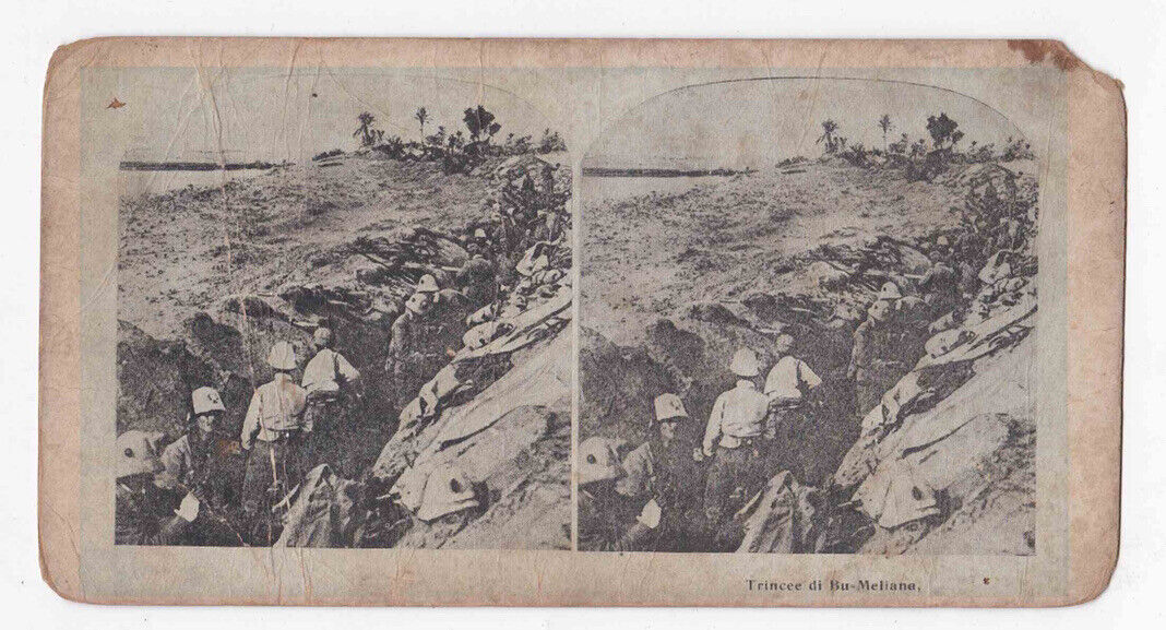 Antique 1911 Italian Trench Warfare, Bu-Meliana, Tripoli, Libya Stereo Card P201