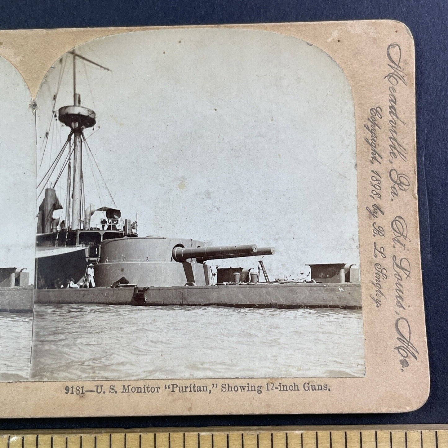 USS Puritan Naval Monitor Gunship Boat US Navy Stereoview Antique c1898 X4090