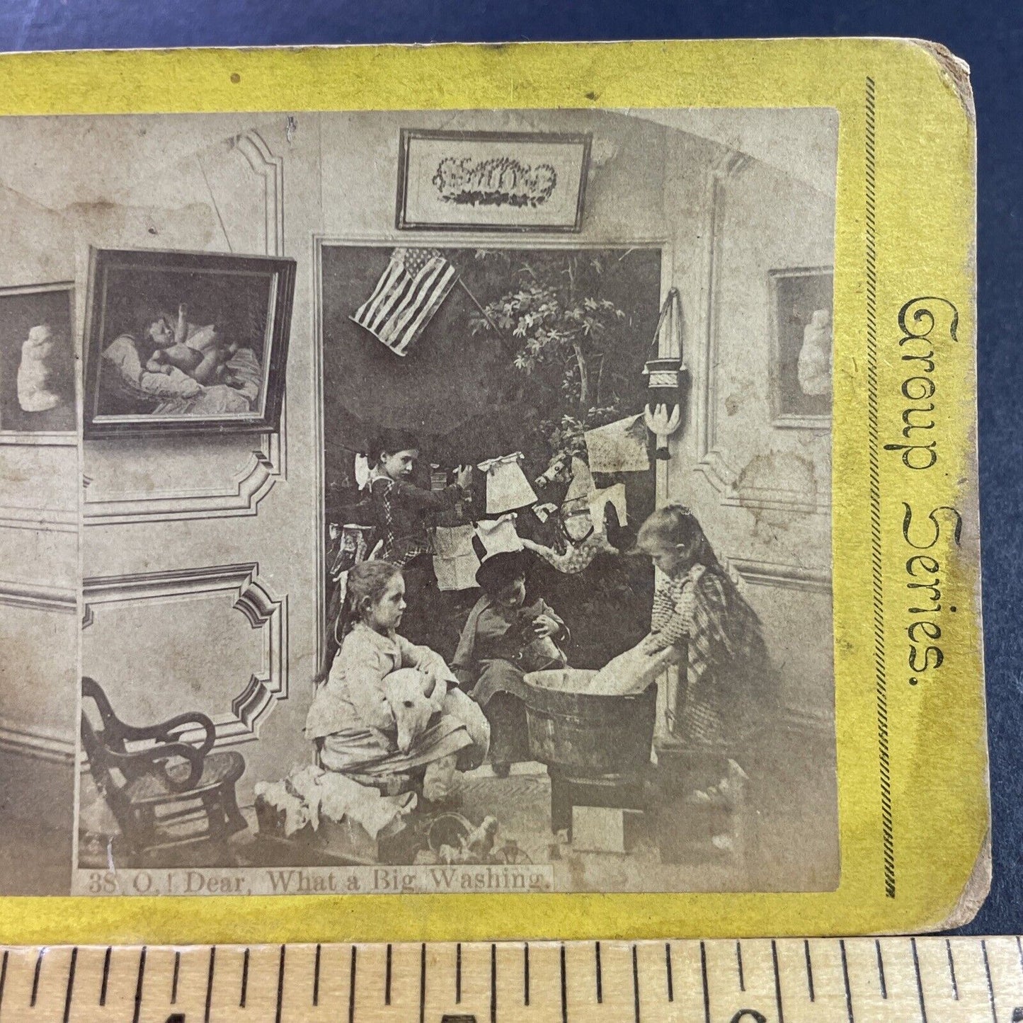 Antique 1870s Patriotic Children Washing Clothes Stereoview Photo Card P4049