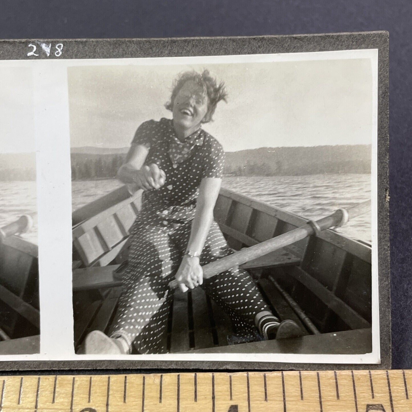 Vintage 1940 Laughing Beautiful Woman In Rowboat Stereoview Photo Card P503