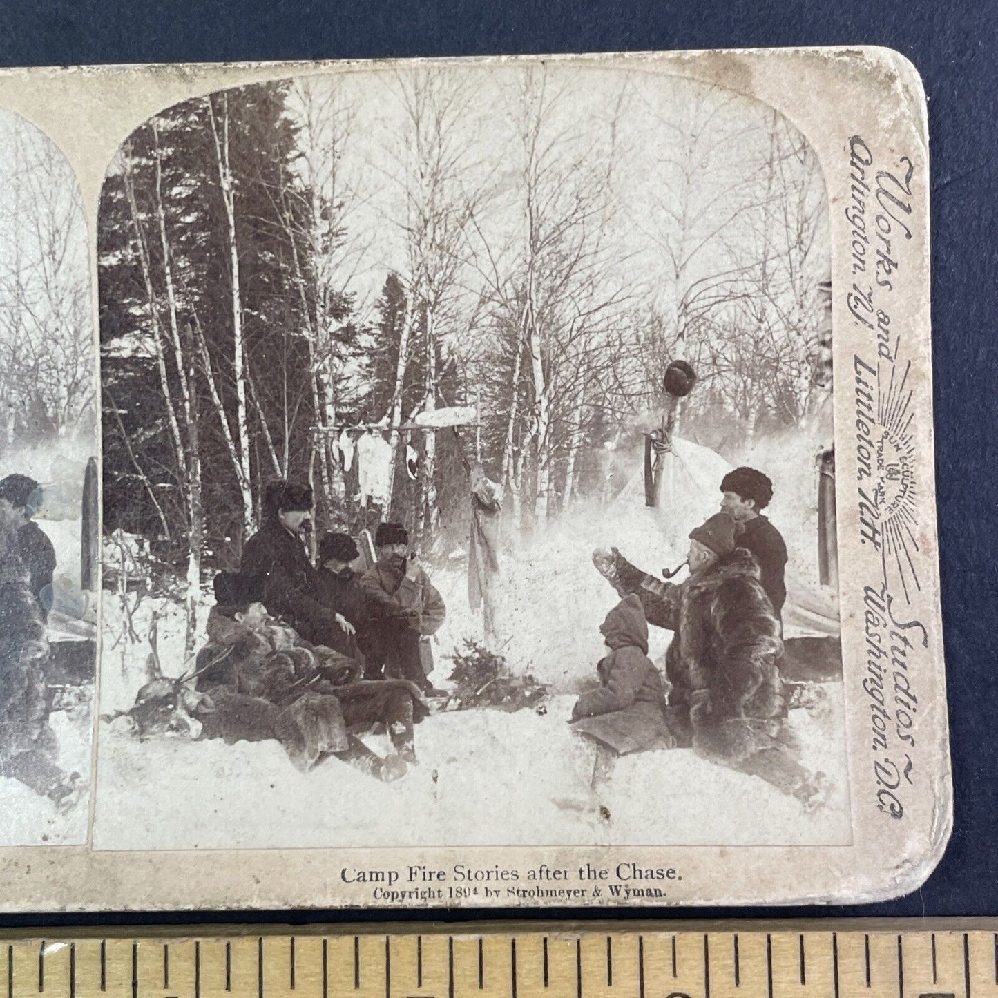 Hunters at a Winter Campfire Stereoview Strohmeyer Antique c1894 Y1390