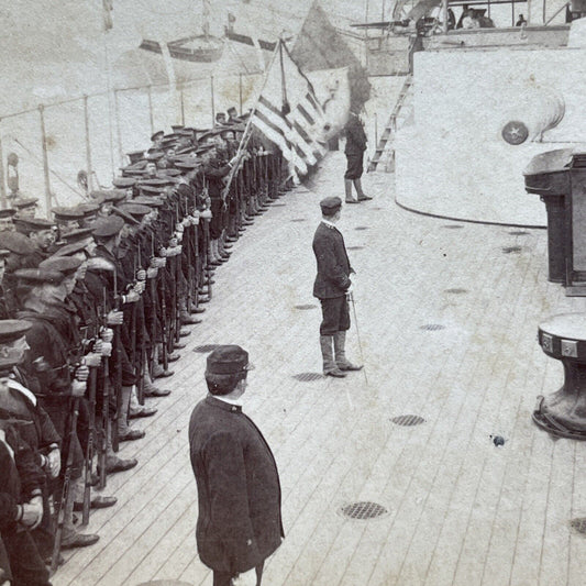 Antique 1898 US Navy Sailors On Monterey Ship Stereoview Photo Card P2404