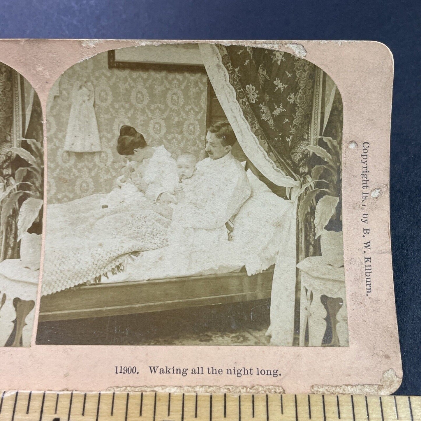 Antique 1897 Parents Give Babies Bottles In Bed Stereoview Photo Card P3956