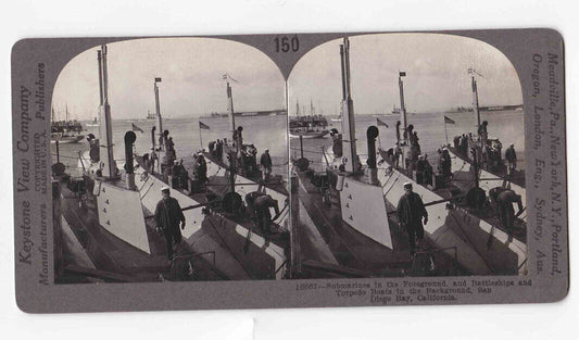 1917 US Navy Submarines Battleships In San Diego California Stereo Card P379