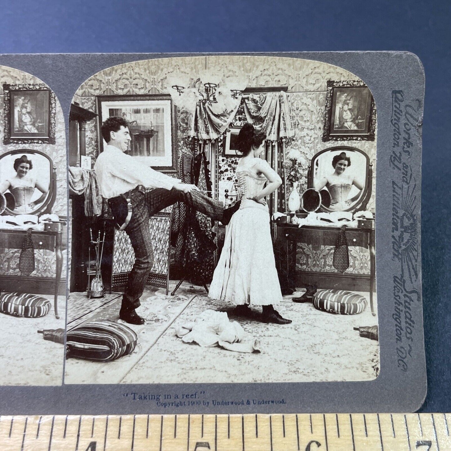 Antique 1900 Man Tightens Womans Corset Stereoview Photo Card P2922