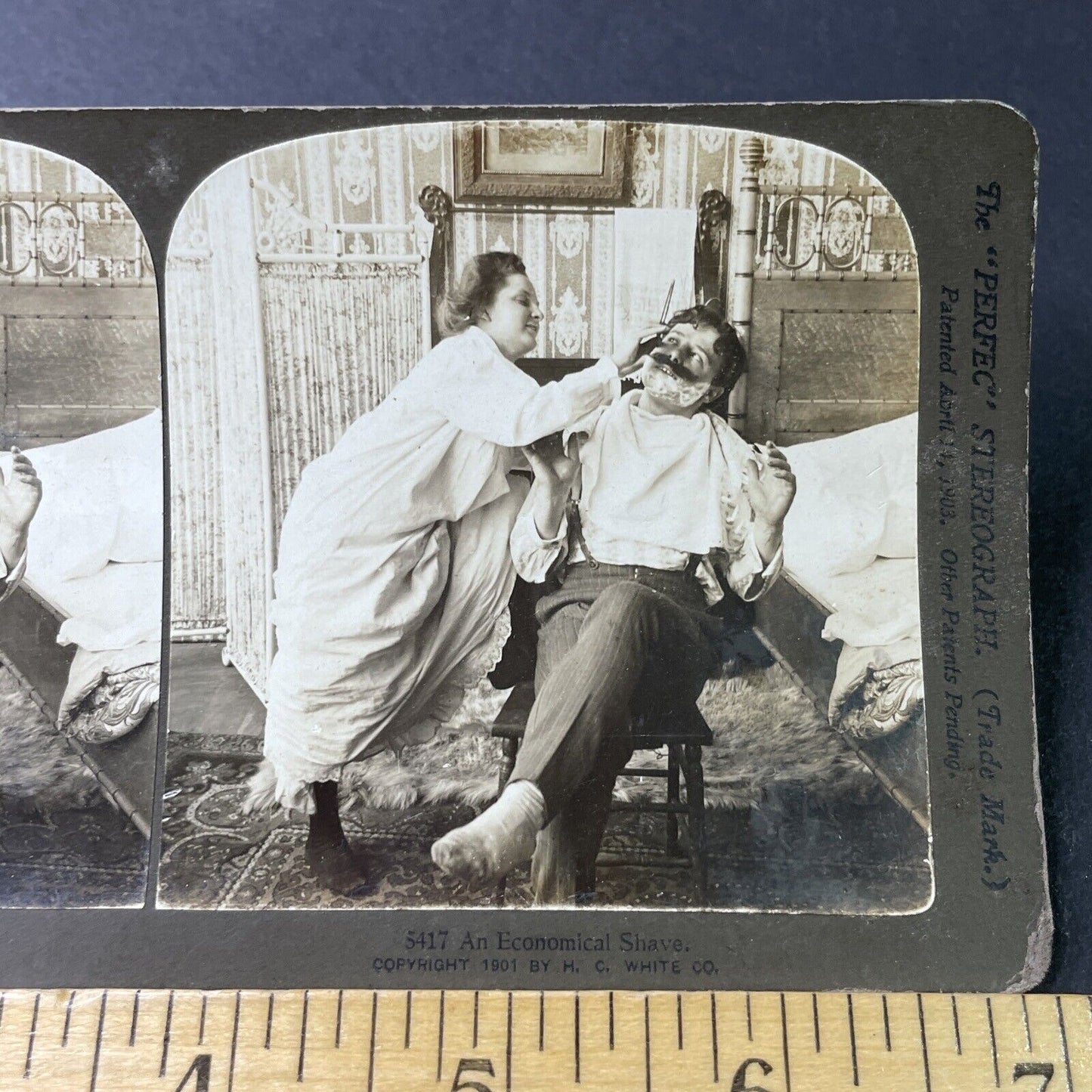 Antique 1901 Victorian Wife Shaves Husbands Beard Stereoview Photo Card P2996