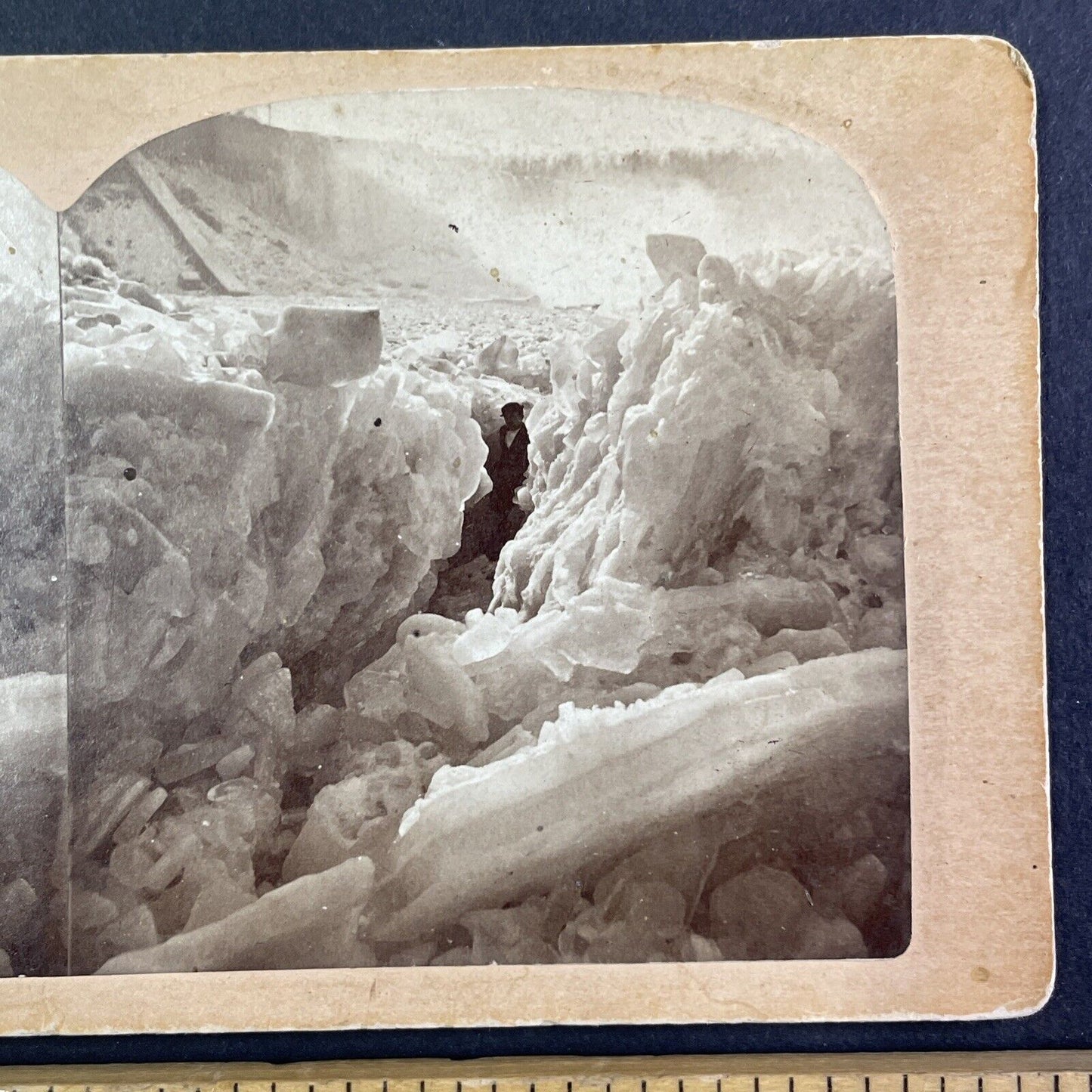 Man Inside Frozen Ice River Crevasse Stereoview Charles Bierstadt c1870s Y2241