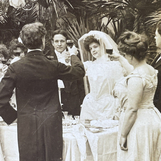 Antique 1902 Victorian Wedding Celebration With Wine Stereoview Photo Card P2457