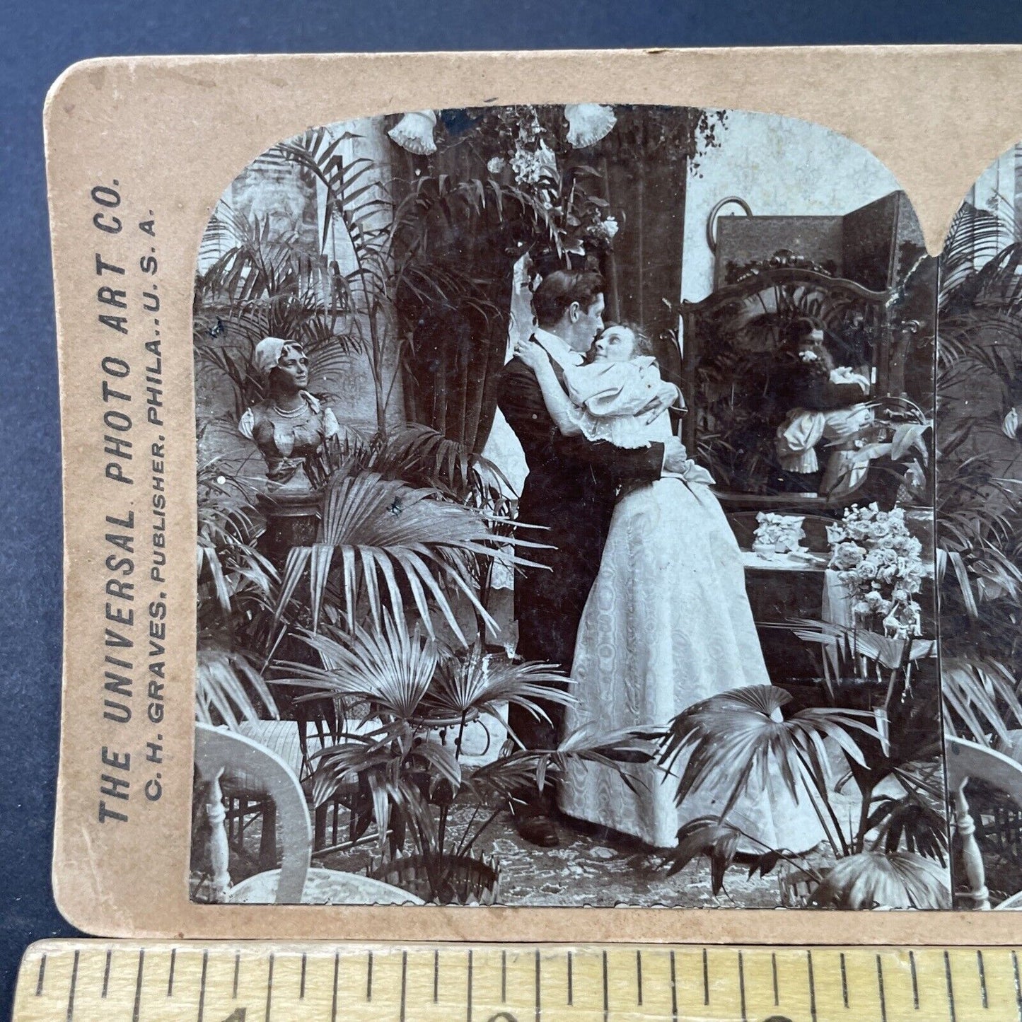 Antique 1897 Victorian Bride & Groom Kiss & Embrace Stereoview Photo Card P2946