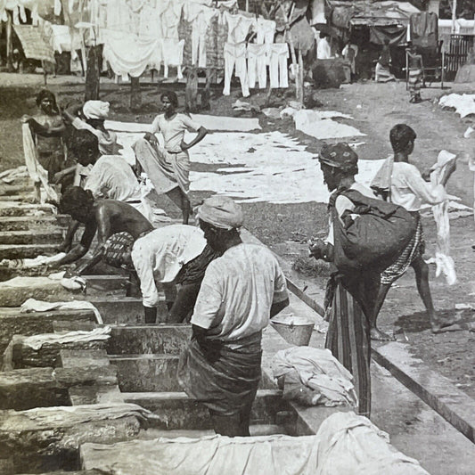 Antique 1901 Public Laundry Tubs Sri Lanka Stereoview Photo Card P2148