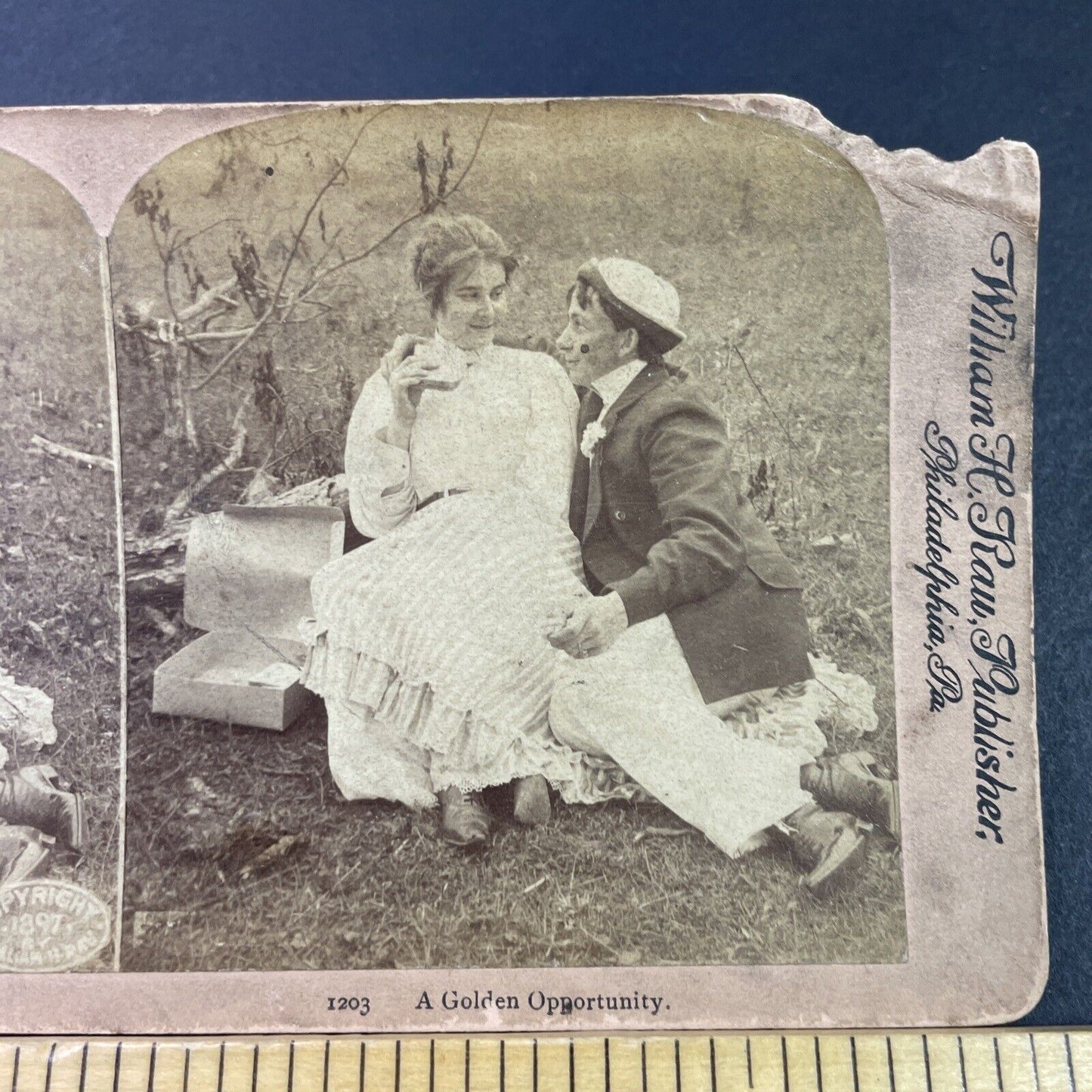 Antique 1897 Man And Woman Have Picnic Sandwiches Stereoview Photo Card P3337