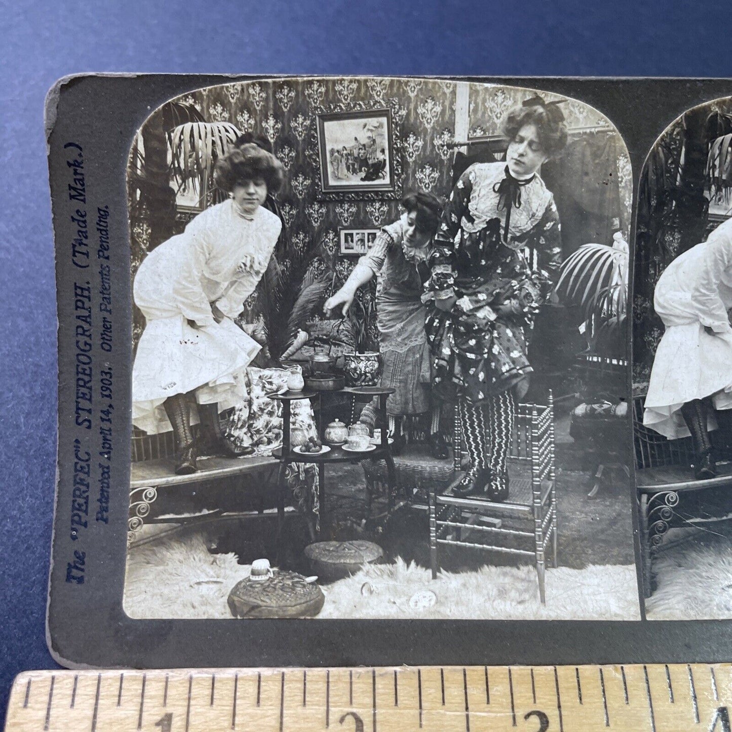 Antique 1902 Women Having Tea See A Rat Stereoview Photo Card P2892