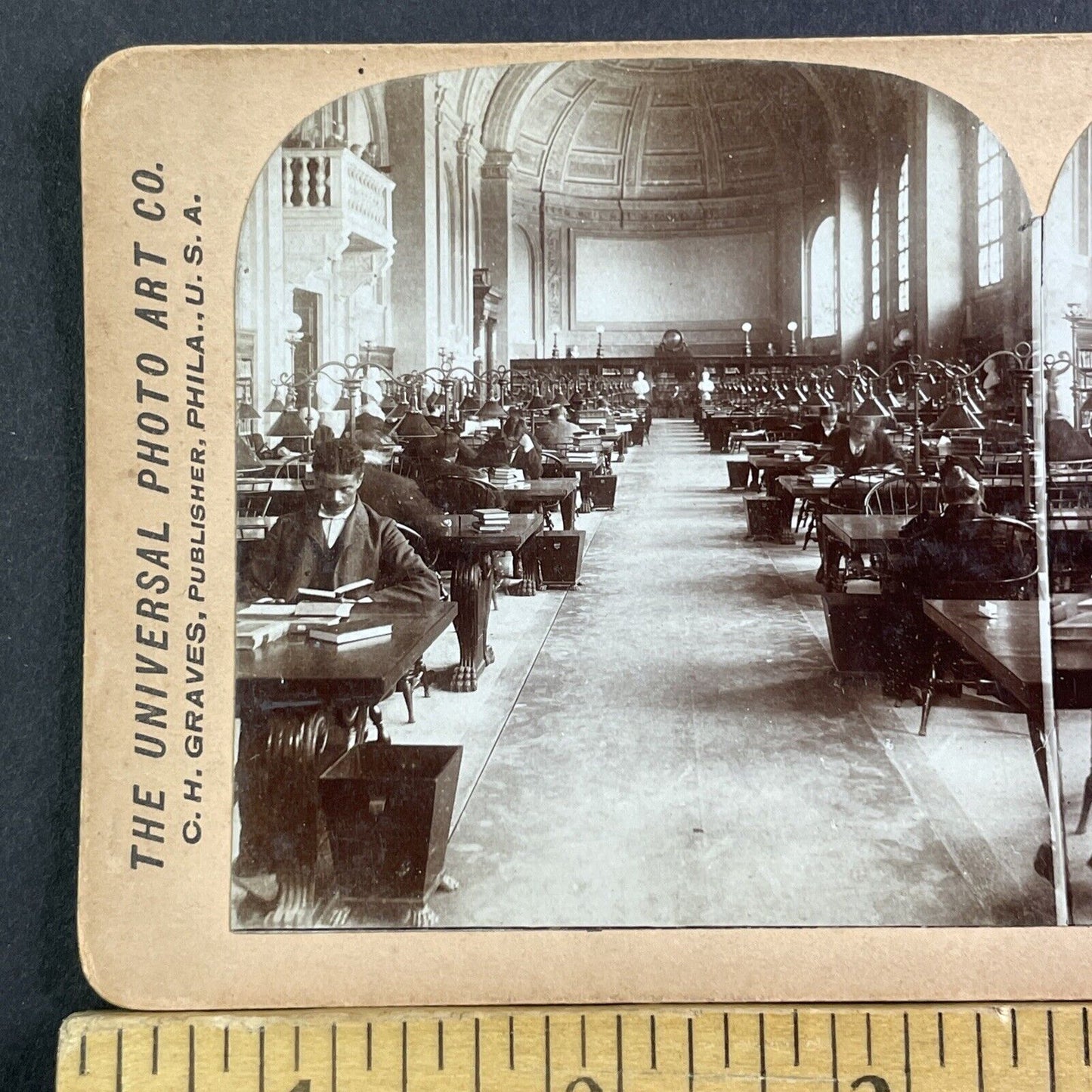 Students In Boston Public Library Stereoview Bates Hall Antique c1901 X2838