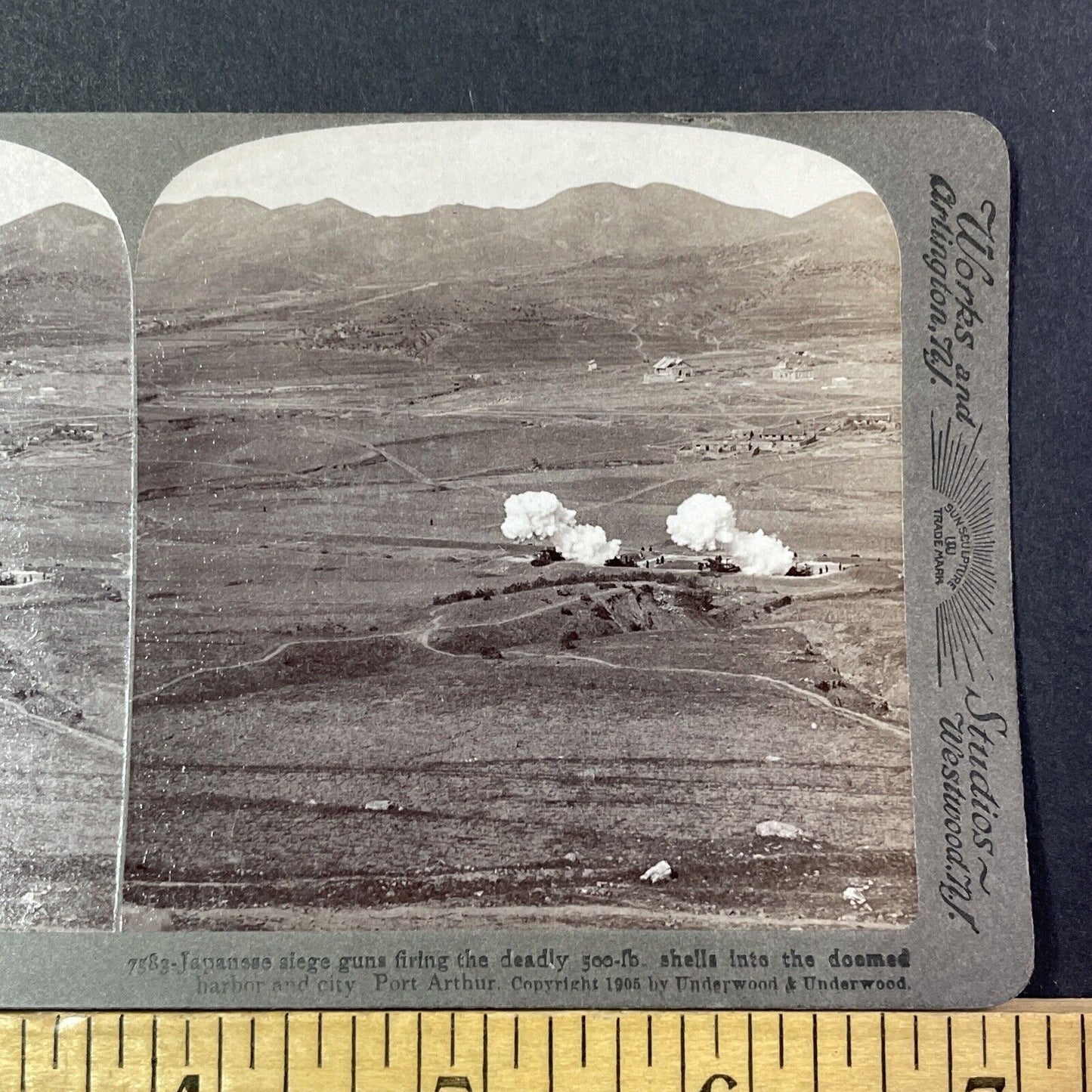 Japanese Heavy Artillery Shelling Stereoview Dalian China Antique c1905 X2814