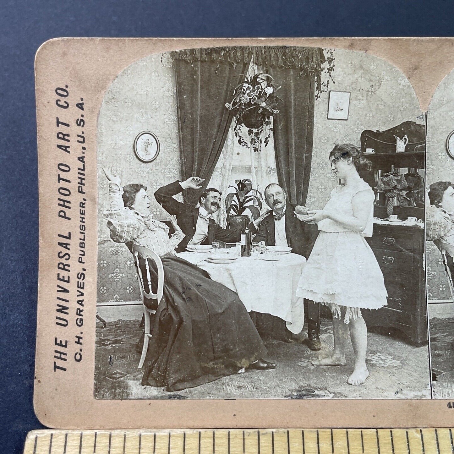 Antique 1897 Maid Woman Serves Dinner In Underwear Stereoview Photo Card P2935