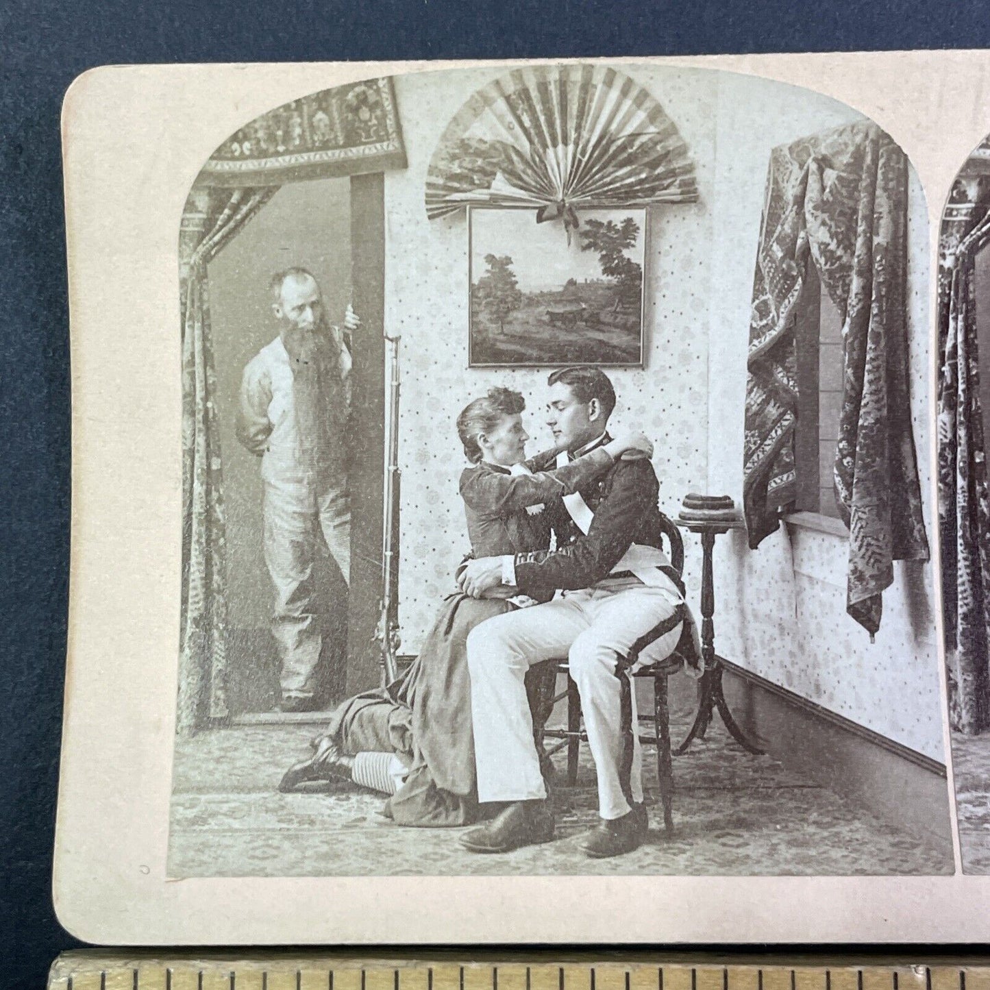 Woman Says Goodbye to US Soldier Stereoview Very Long Beard Man c1870s Y1316