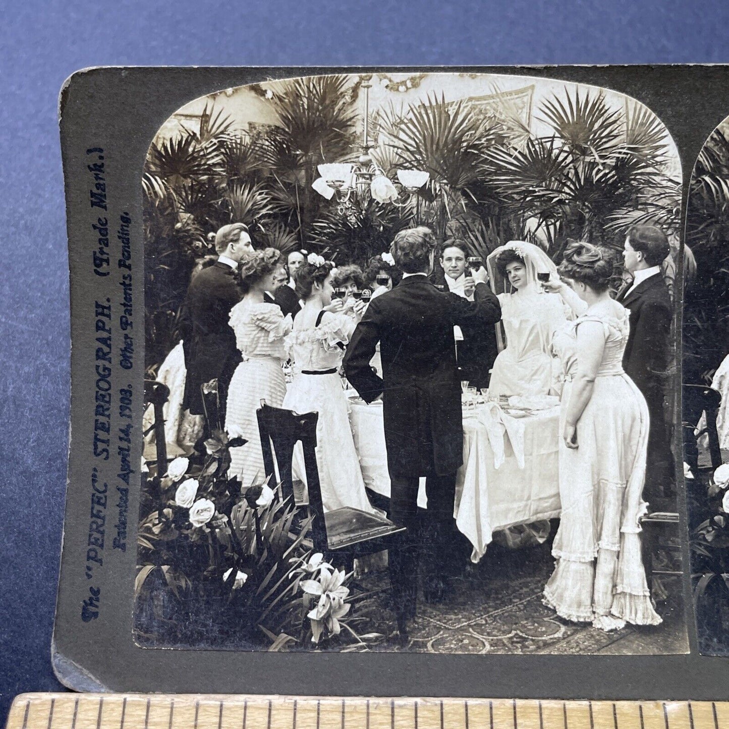 Antique 1902 Wedding Toast To Bride And Groom Stereoview Photo Card P2715