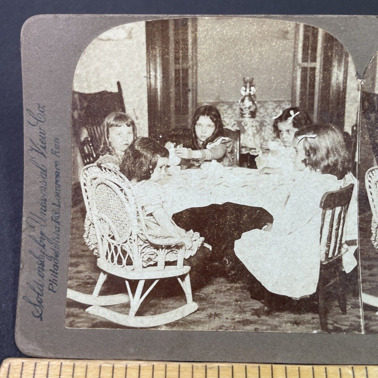 Antique 1890s Children Girls Having A Tea Party Stereoview Photo Card P3336