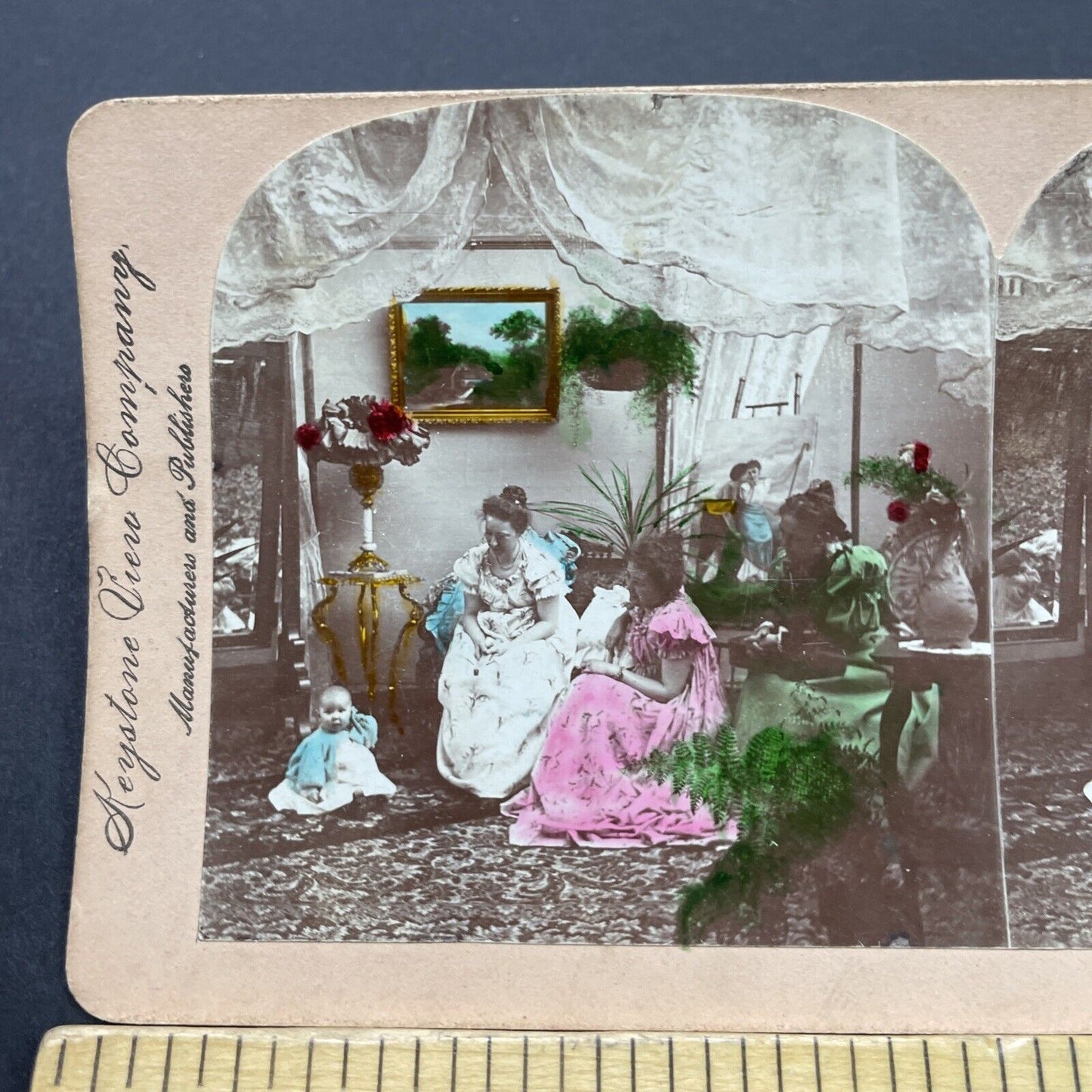 Antique 1899 Women Watch Over Newborn Baby Stereoview Photo Card P2689