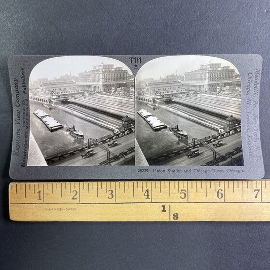 Tugboat Pulling a Barge Chicago Illinois Stereoview Antique c1909 Y1172