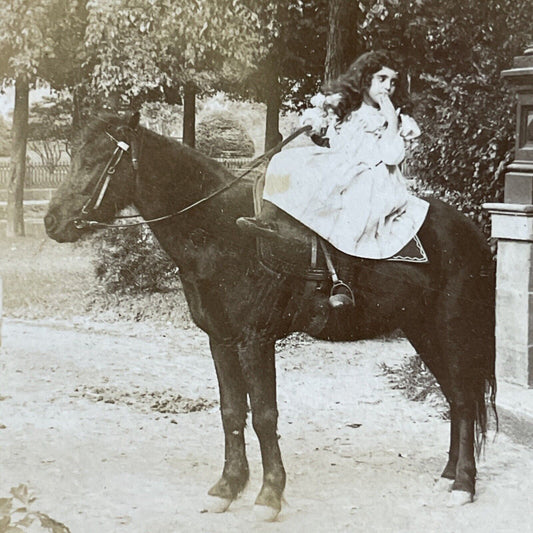 Antique 1890s Young Girl Riding A Horse Stereoview Photo Card P4736