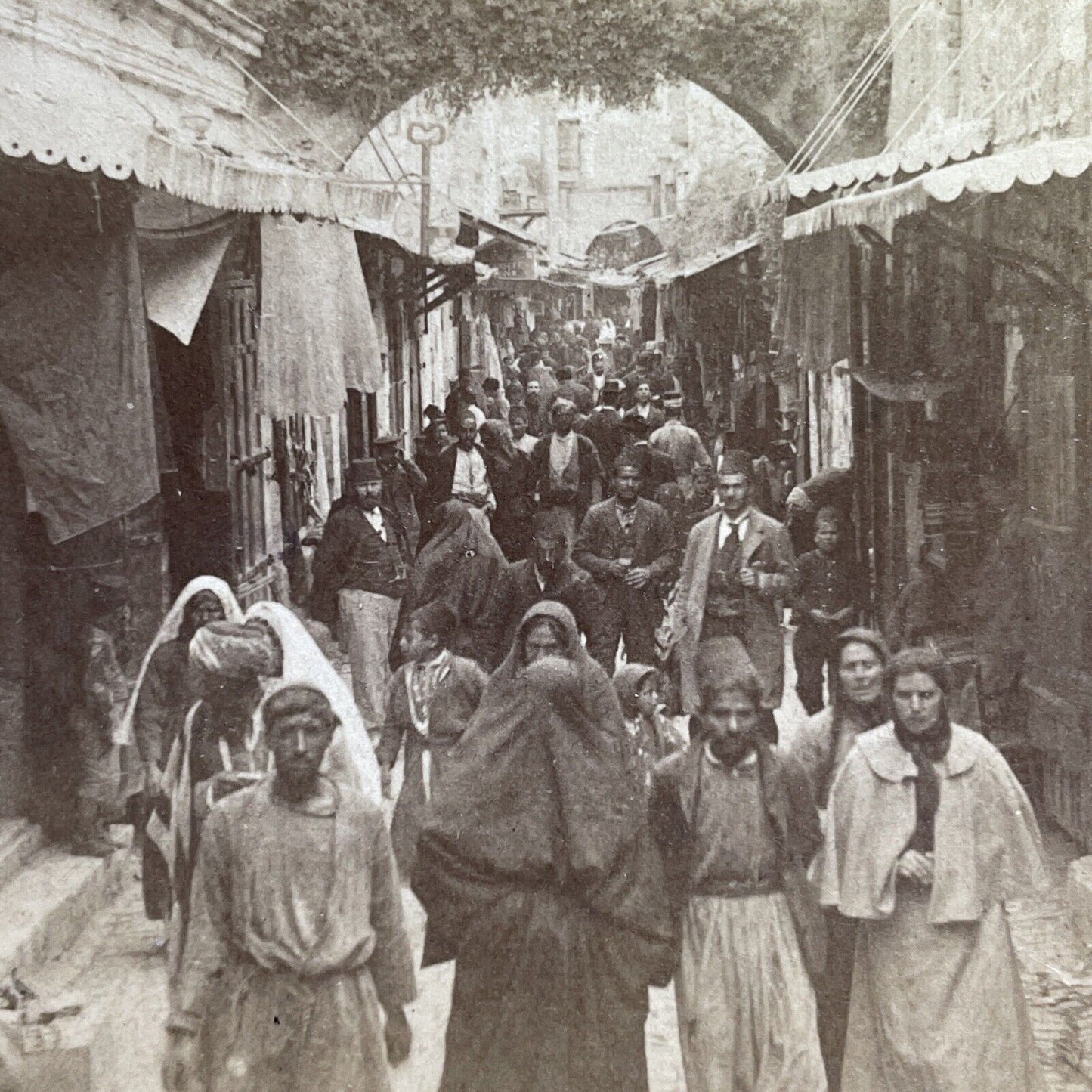 Antique 1900 Busy Street In Jerusalem Israel Stereoview Photo Card P1787