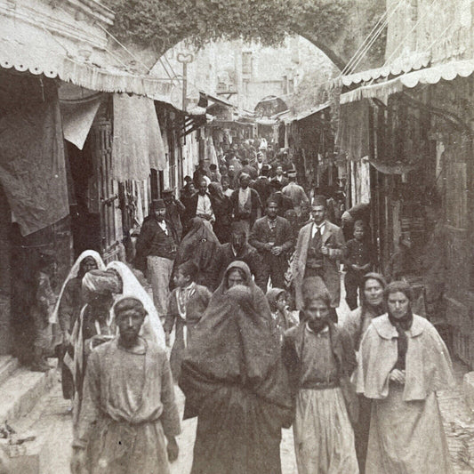 Antique 1900 Busy Street In Jerusalem Israel Stereoview Photo Card P1787