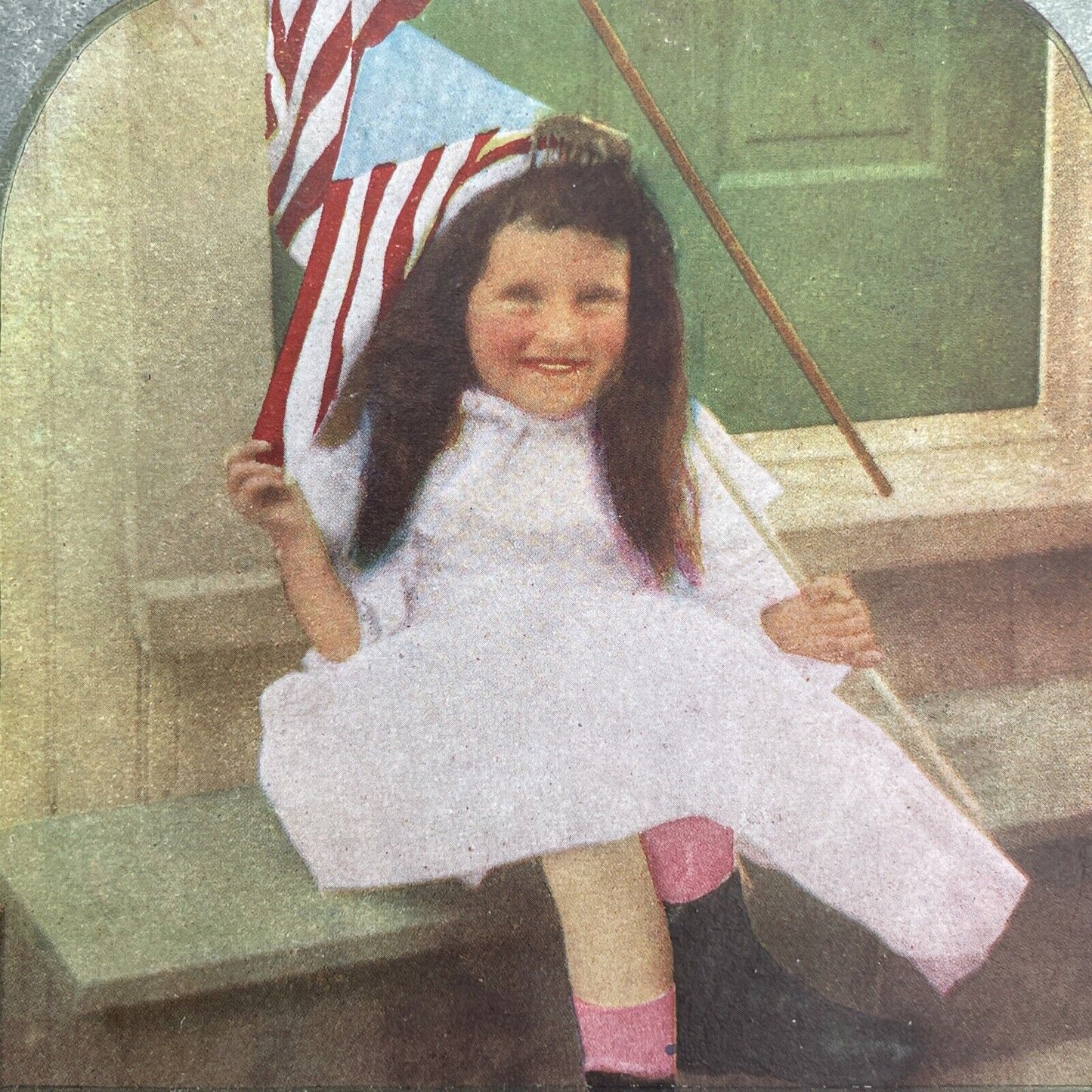 Antique 1899 Little Girl Proud Of Flag And Country Stereoview Photo Card P1259