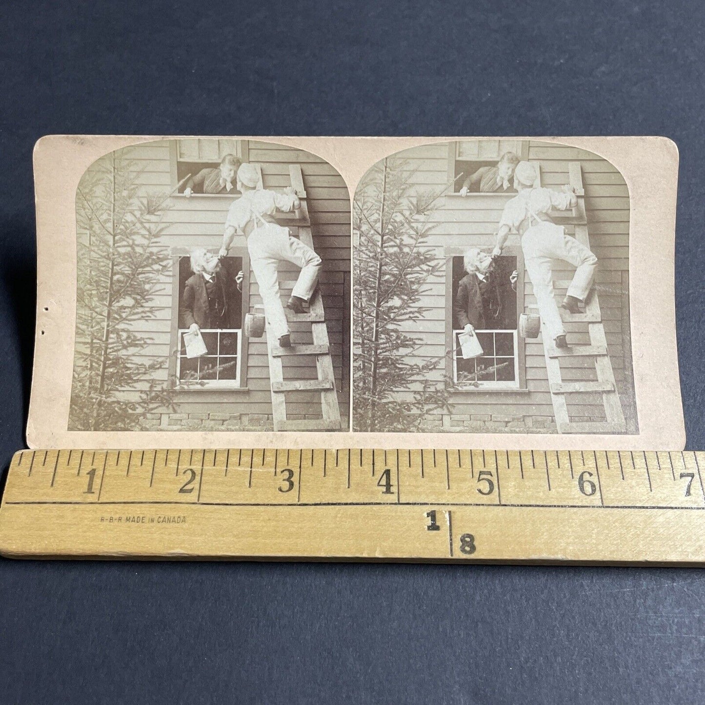 Antique 1870s Painter Paints Old Mans Face On Ladder Stereoview Photo Card P4060