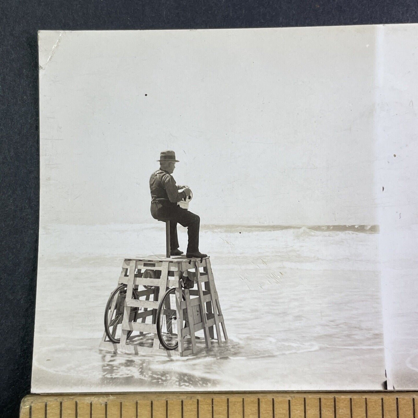 Lifeguard Filming The Ocean Beach Stereoview Celluloid Antique c1920s X3257