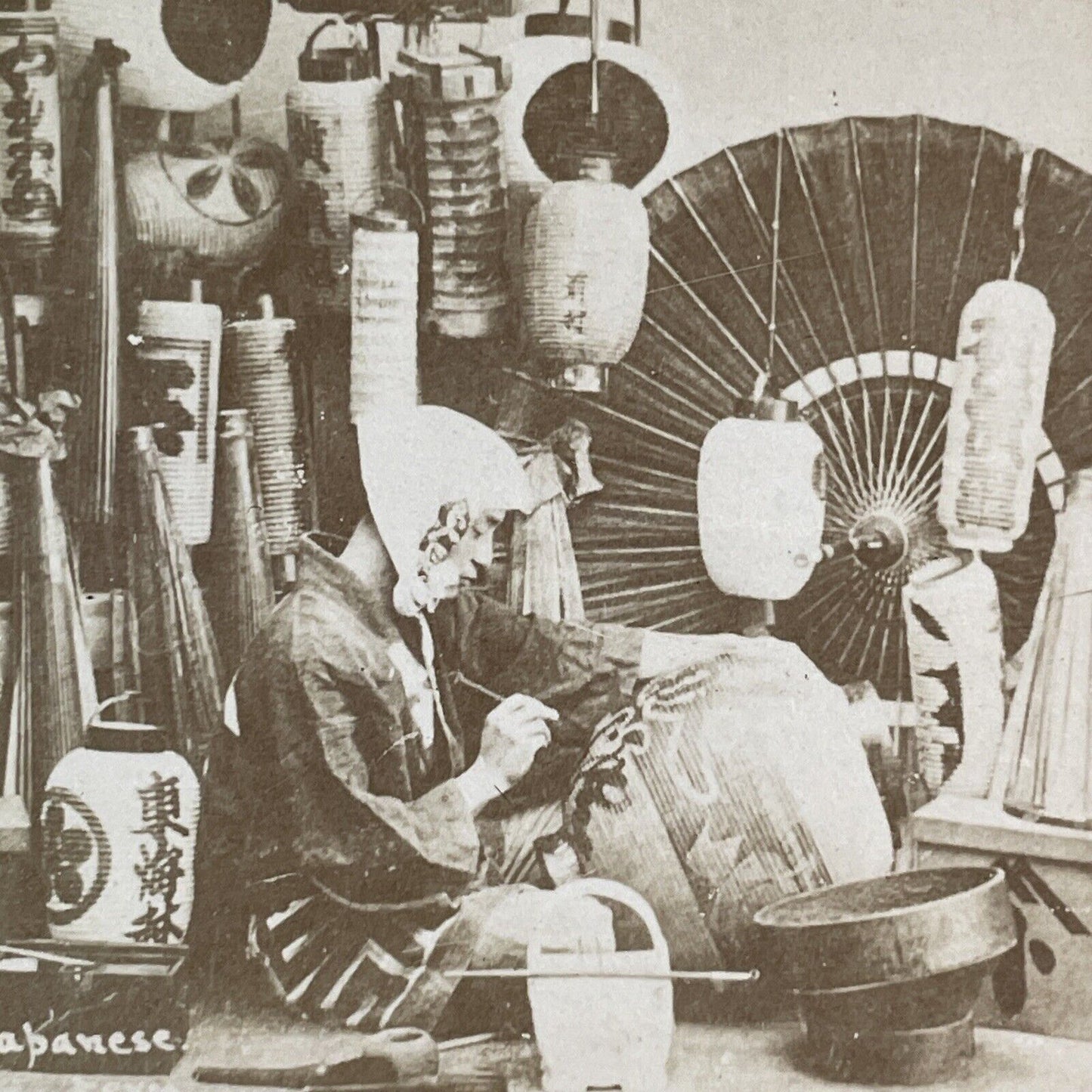 Japanese Paper Lantern Maker Stereoview Kusakabe Kimbei Antique c1870 X3107 RARE