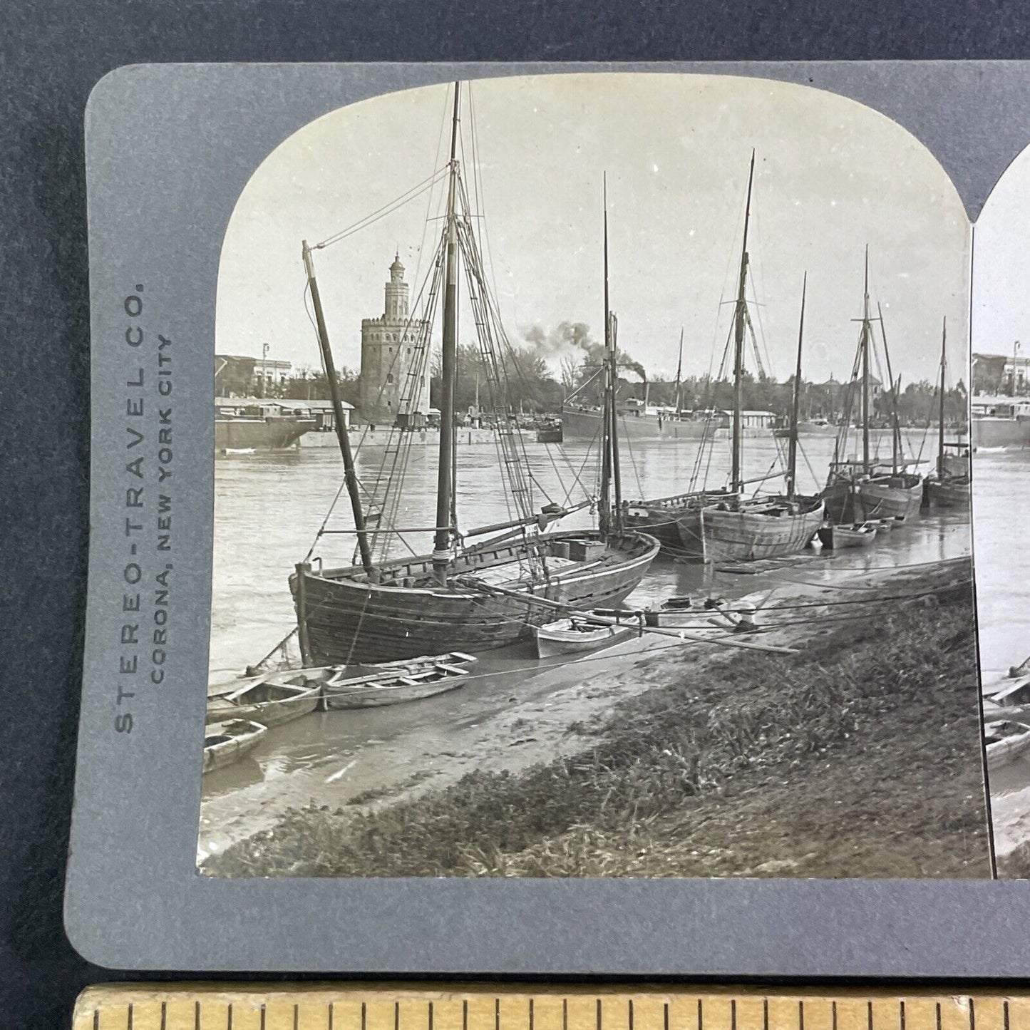 Tower of Gold Seville Spain Stereoview Harbor View Antique c1908 X4212