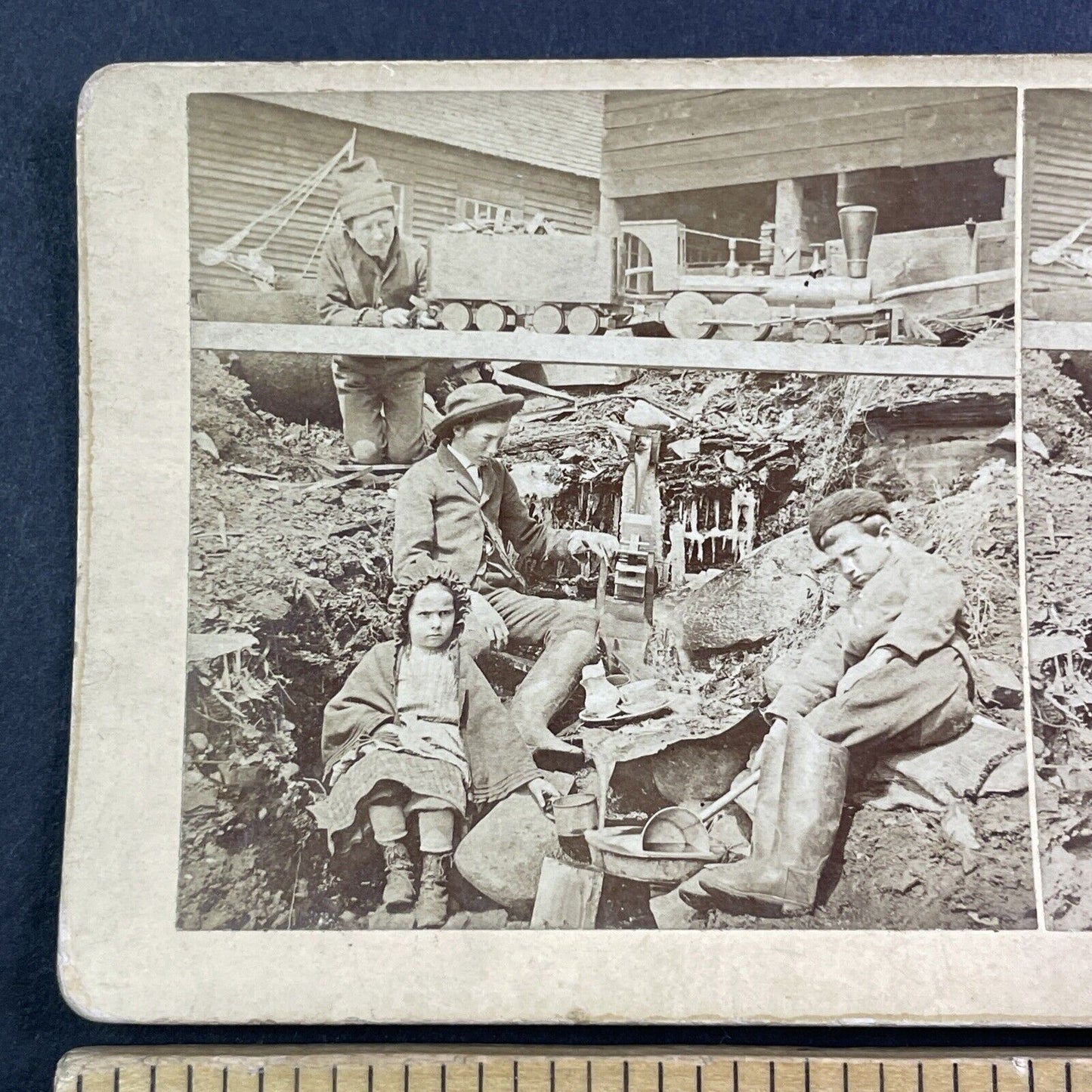 Children Play with Railroad Wood Train Toys Stereoview Antique c1890s X4077