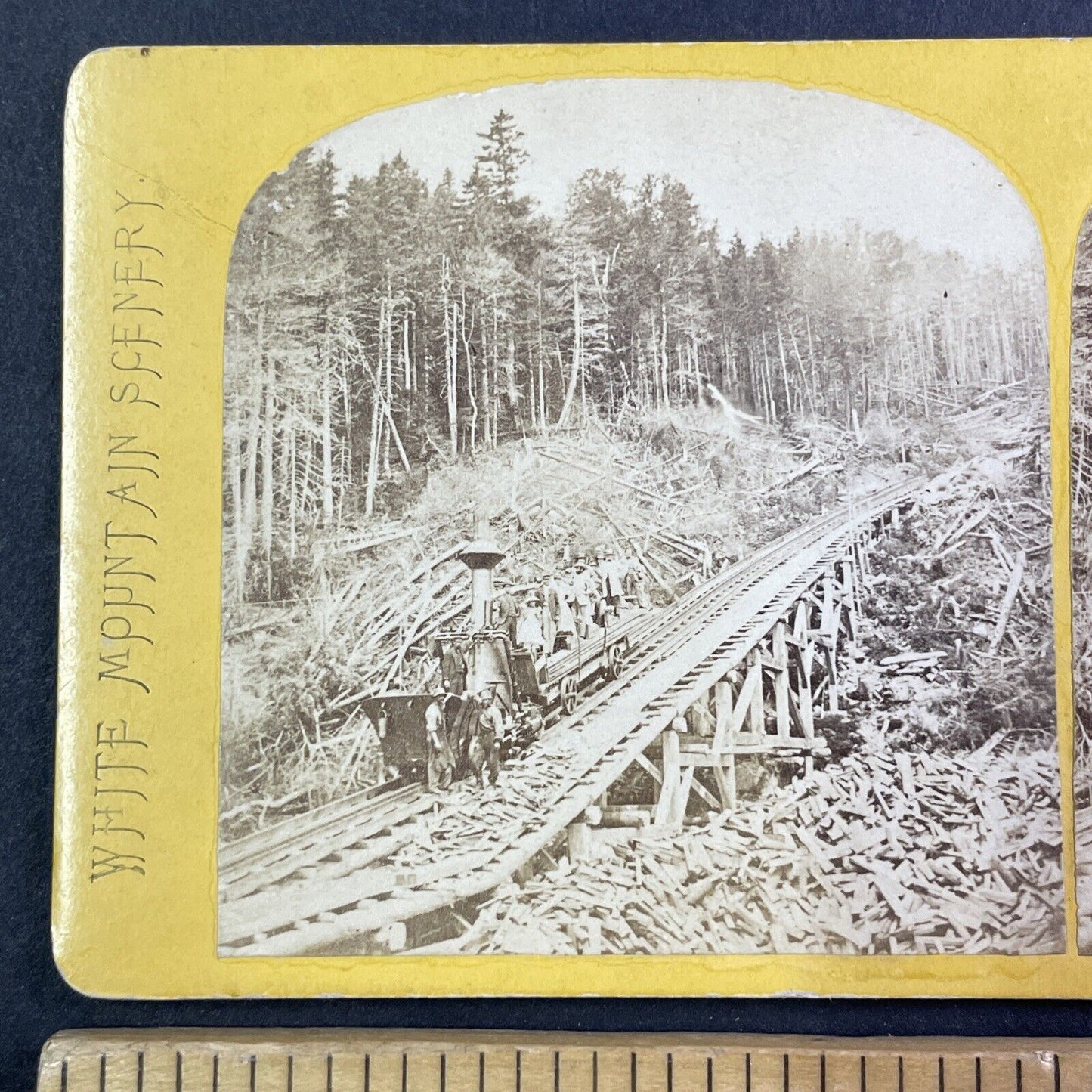 Mt Washington Railroad Sylvester Marsh Demonstration Train Stereoview c1866 Y873